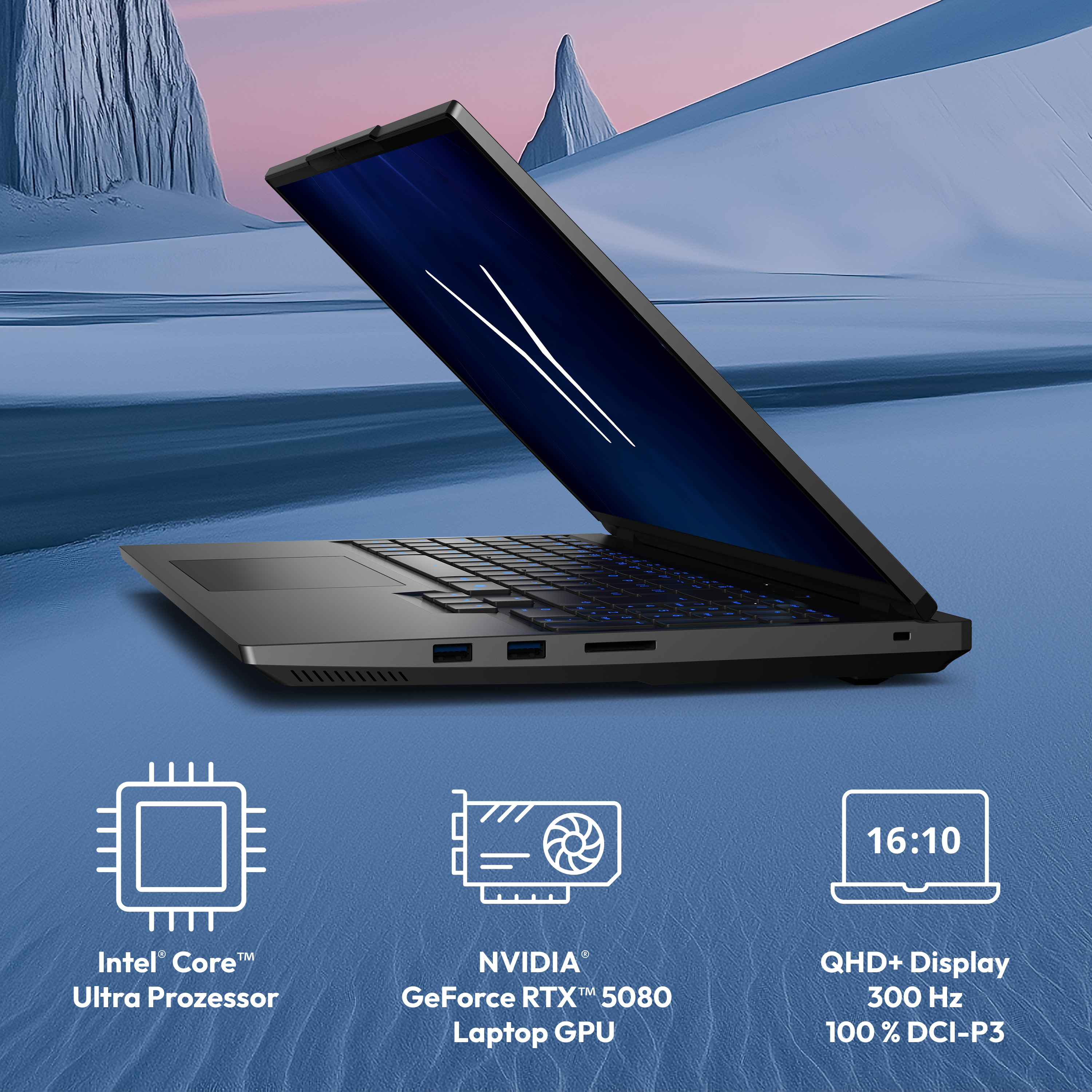 Ein schlanker Laptop mit blauen Tastaturleuchten sitzt auf einer blauen Texturfläche. Icons zeigen CPU-, GPU- und Display-Spezifikationen.
