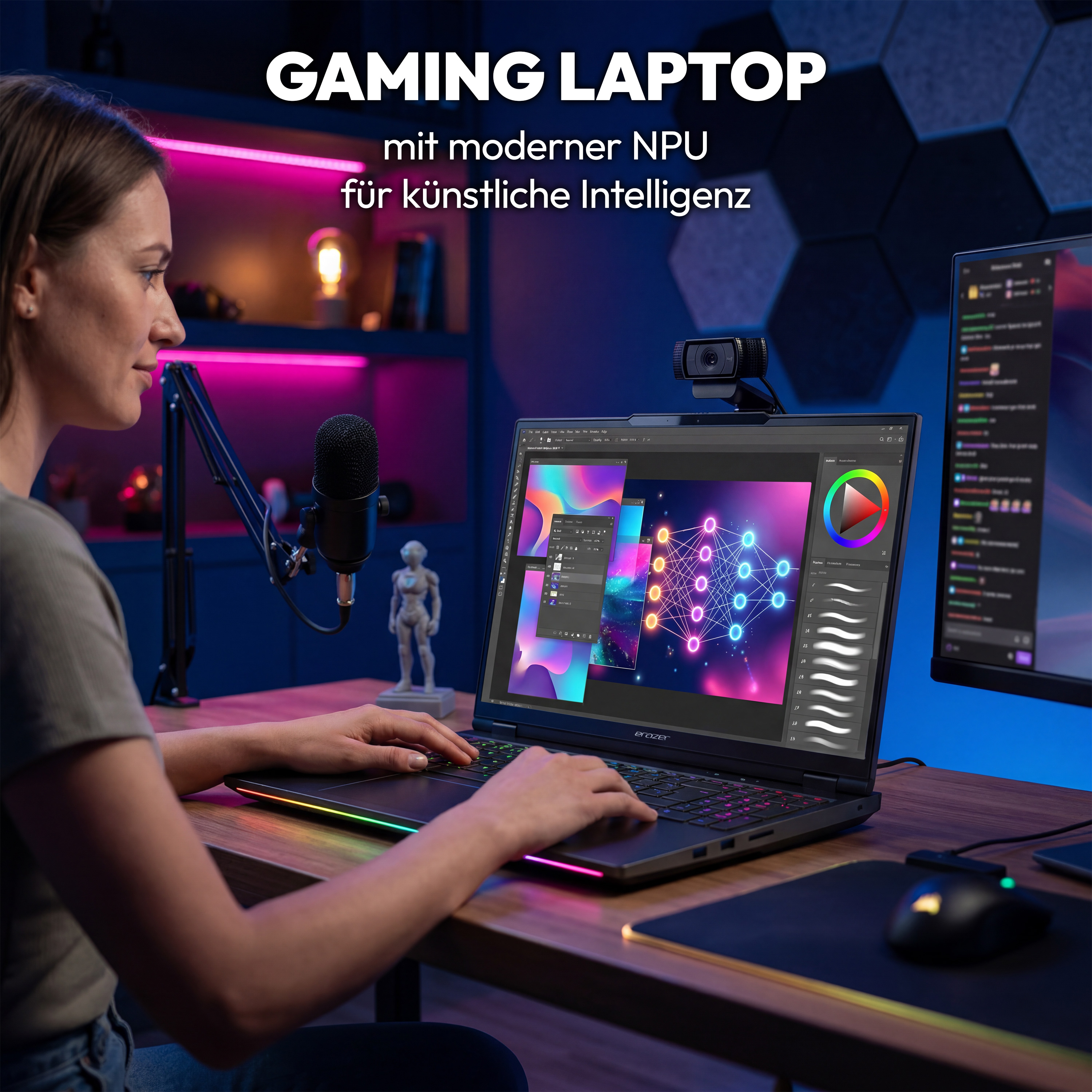 Eine Frau am Schreibtisch arbeitet an einem Gaming-Laptop mit bunten Lichtern.