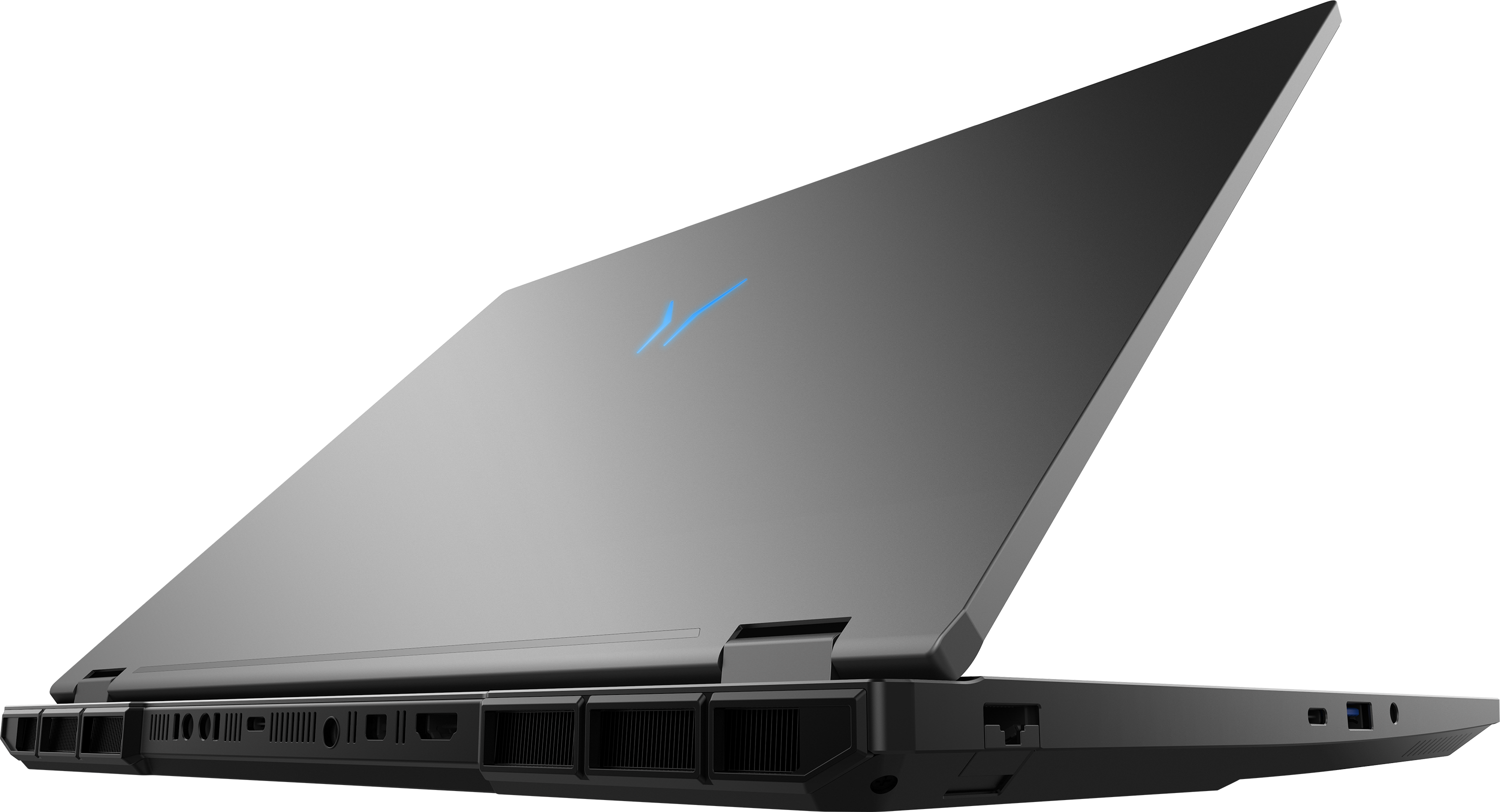 Ein grauer Laptop mit blauem Logo ist auf schwarzem Hintergrund geöffnet.