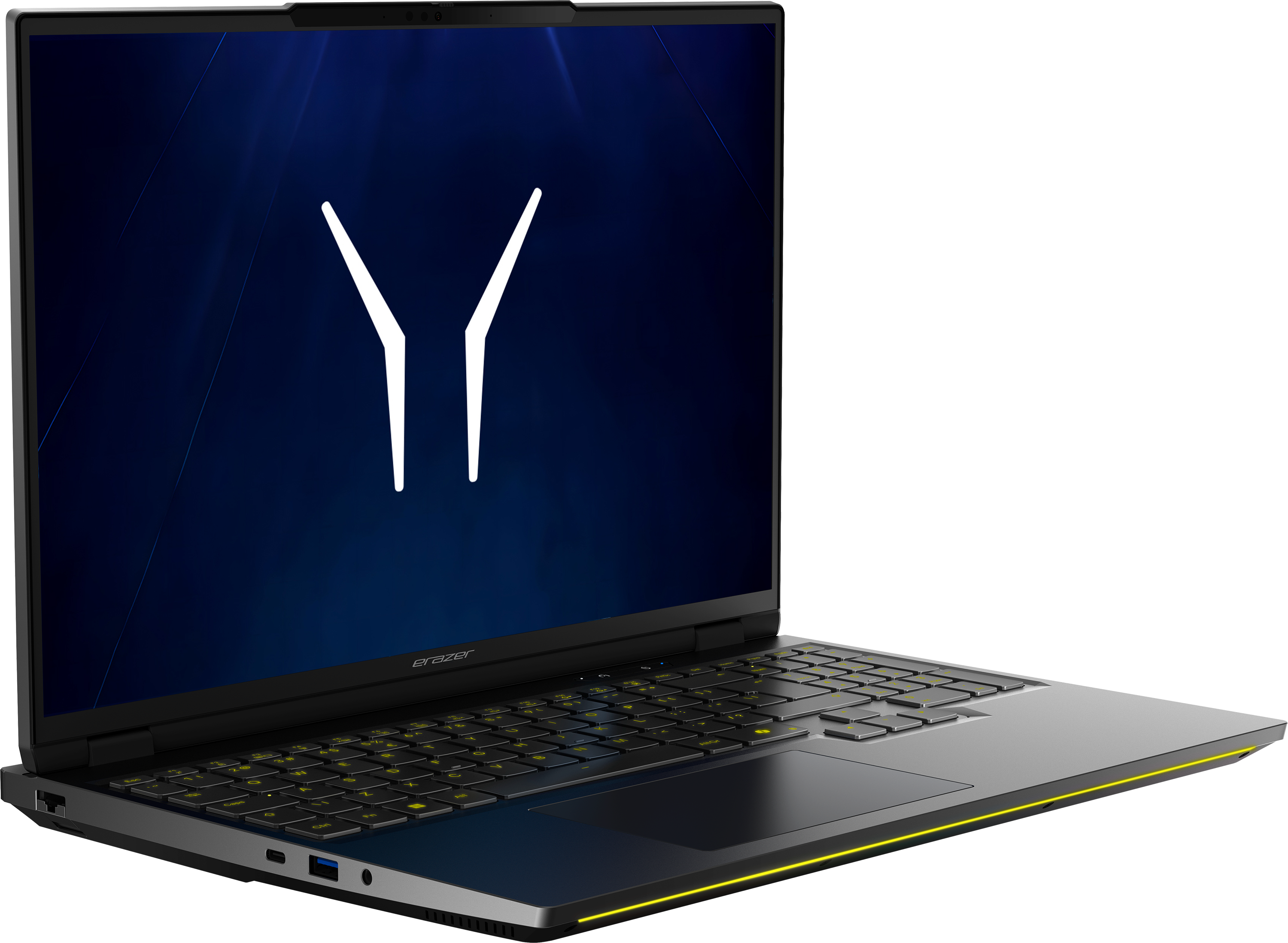 Ein geschlossener schwarzer Laptop mit gelben Akzenten und einem blauen Hintergrund mit weißem Logo.
