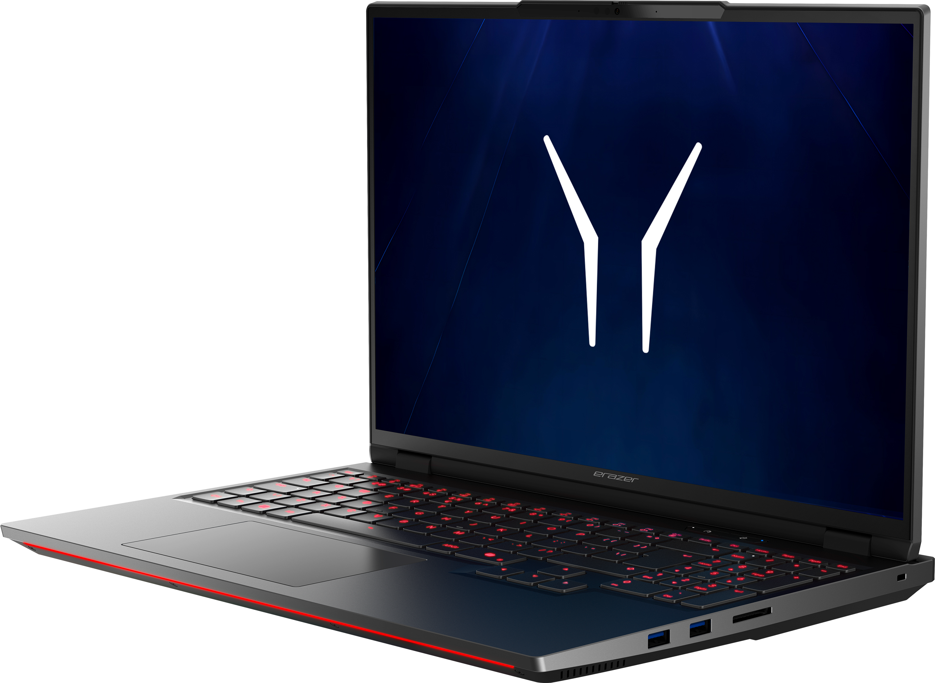 Ein offener Laptop mit beleuchteter roter Tastatur und blauem Bildschirm.
