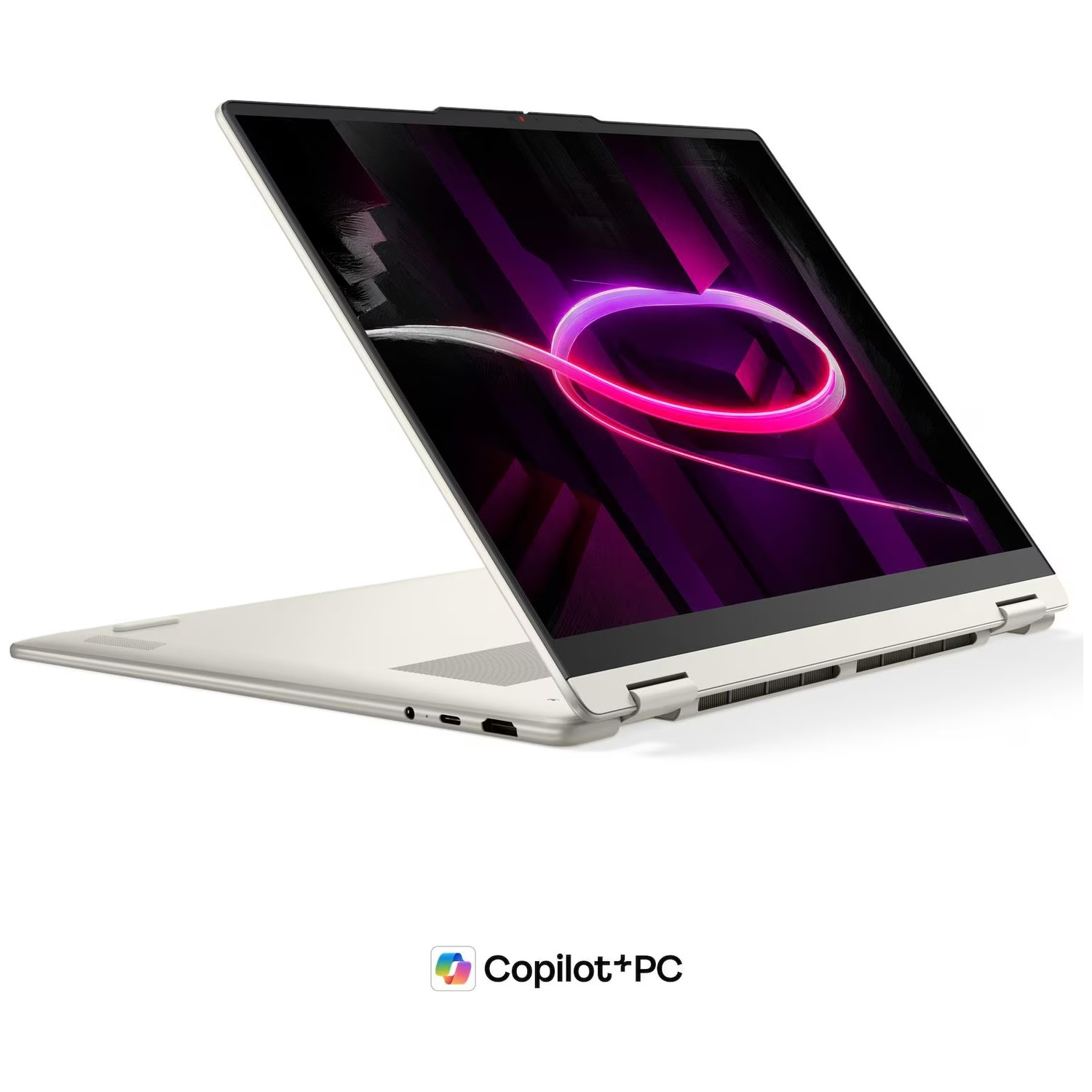 Un ordinateur portable ouvert affichant un graphique d'anneau néon sur son écran.