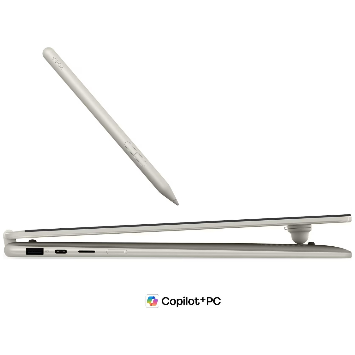Un stylet Yoga gris clair et épuré flotte au-dessus d'un ordinateur portable ouvert gris clair. Logo Copilot+PC.