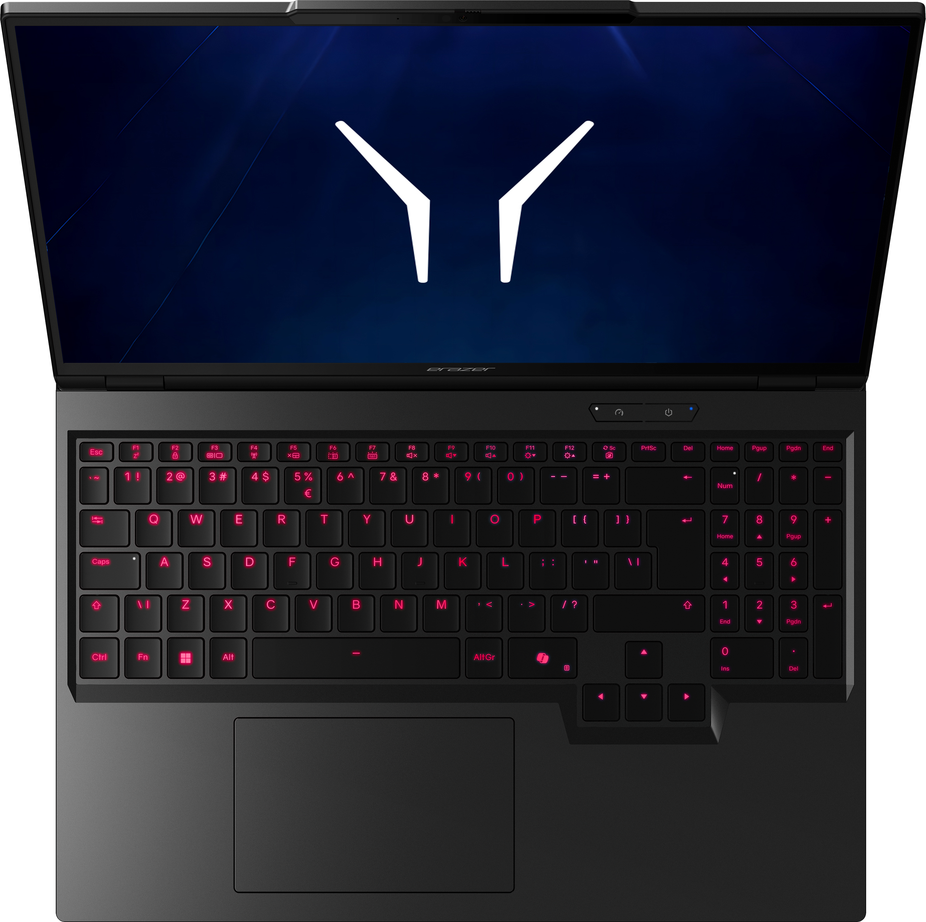 Schwarzer Laptop mit leuchtender pinker Tastatur und weißem Logo auf dunklem blauen Bildschirm.