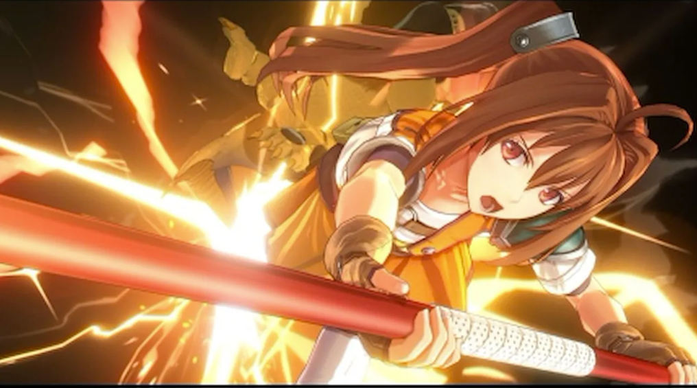 Eine Anime-Figur mit braunen Haaren und rotem Stab vor gelben Blitzen.