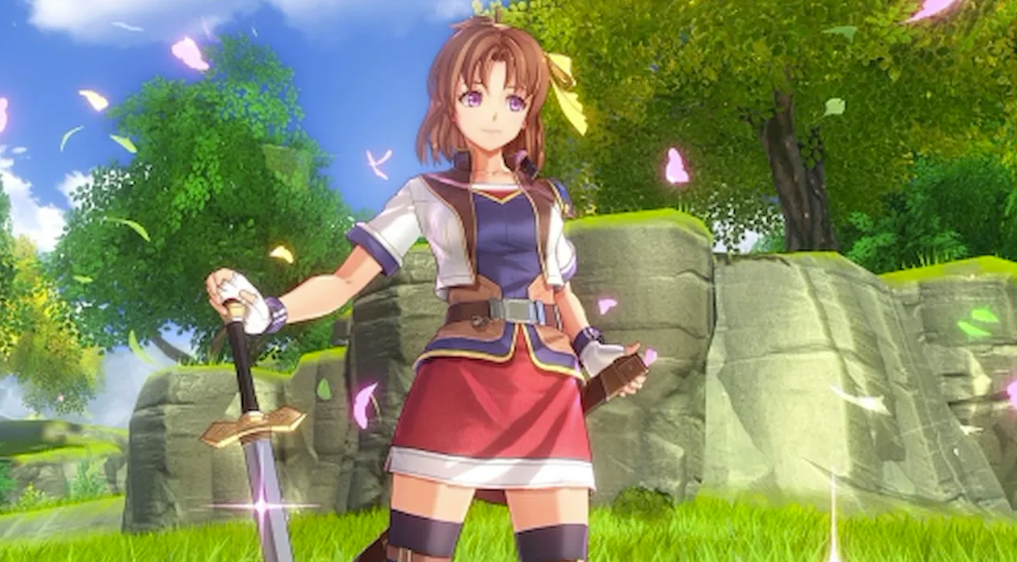 Anime-Mädchen mit Schwert in einem grünen Wald, umgeben von Blütenblättern.