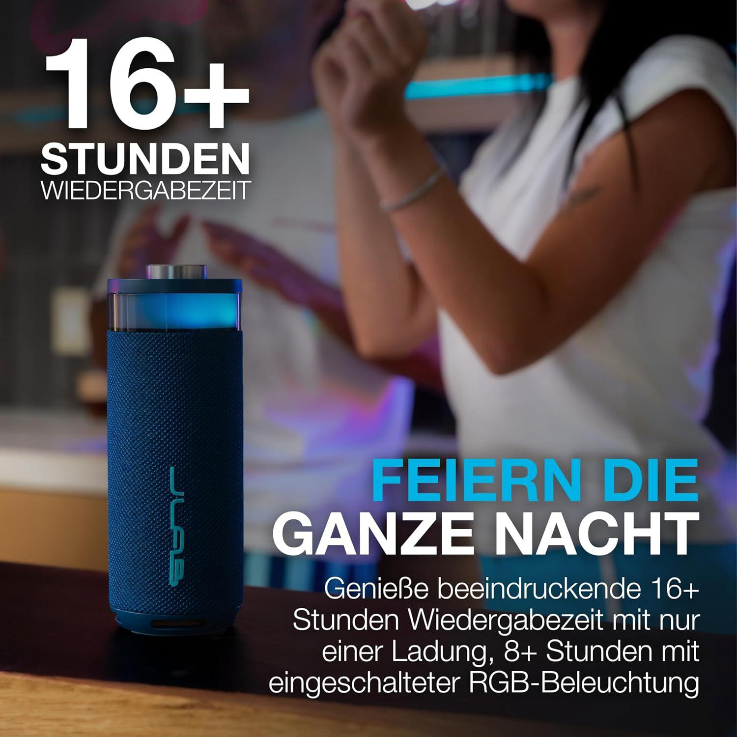 Blauer Lautsprecher mit RGB-Licht, 16+ Std. Wiedergabezeit.
