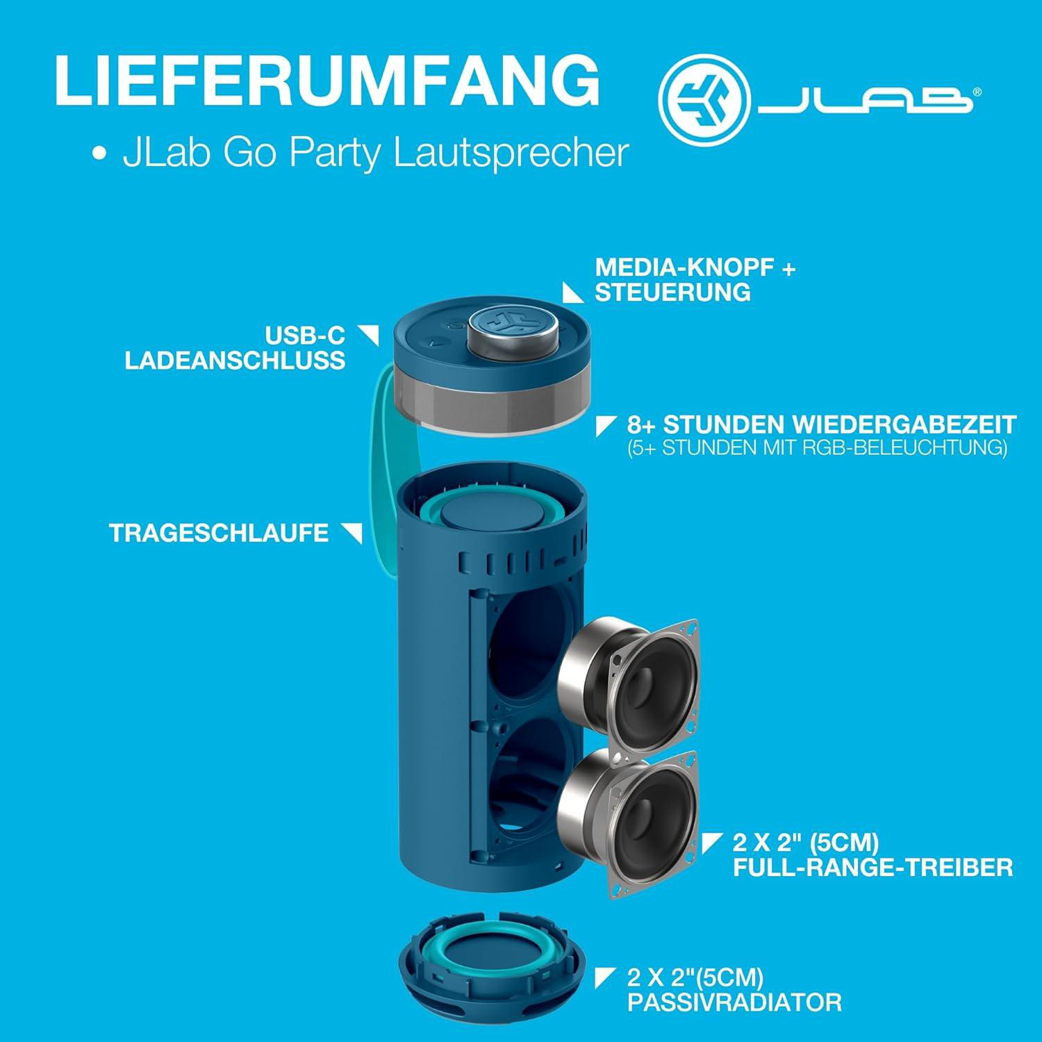 Explosionszeichnung eines blauen JLab Go Party Lautsprechers mit Teilen.