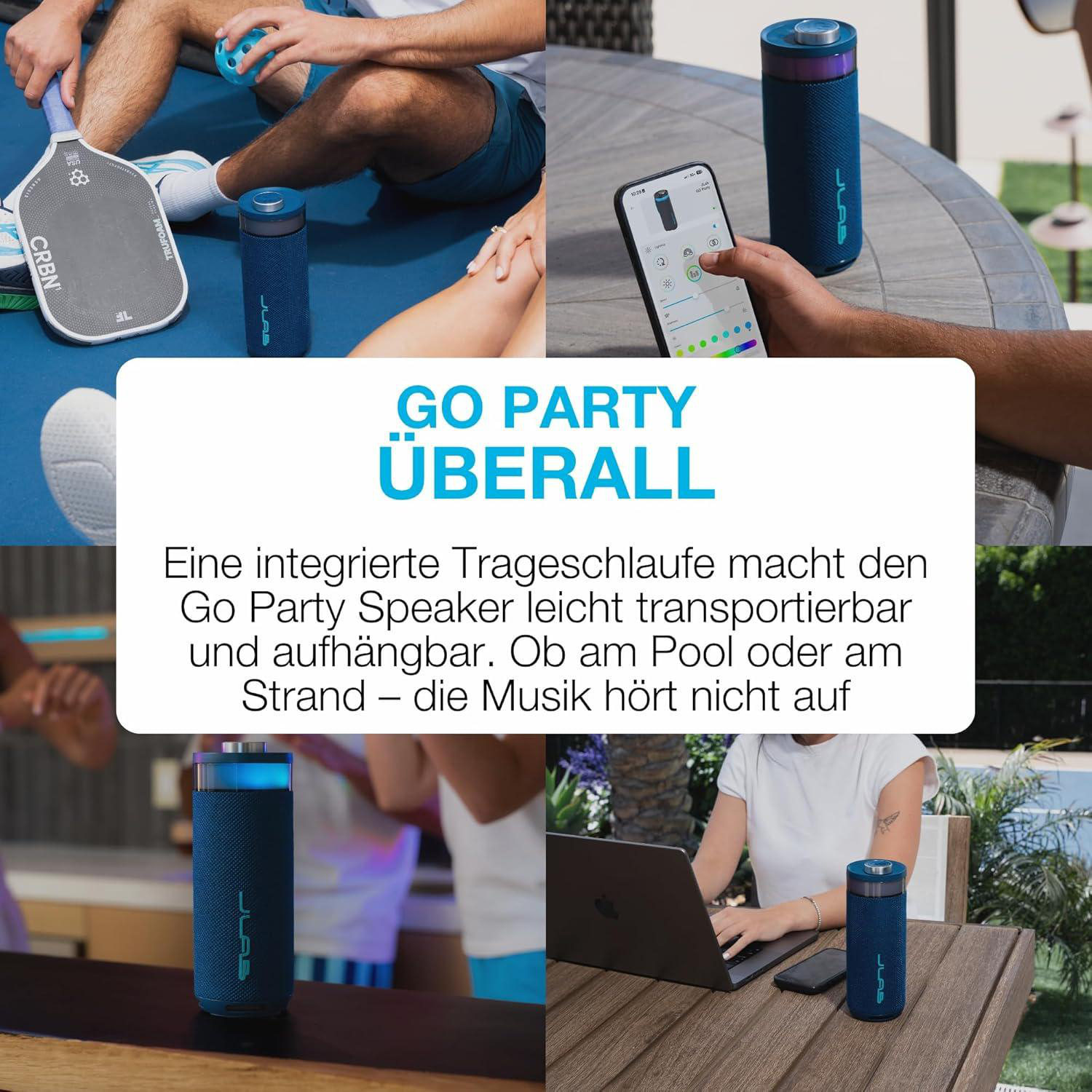 Ein blauer tragbarer Lautsprecher mit Lichteffekten, der überall Musik spielt.