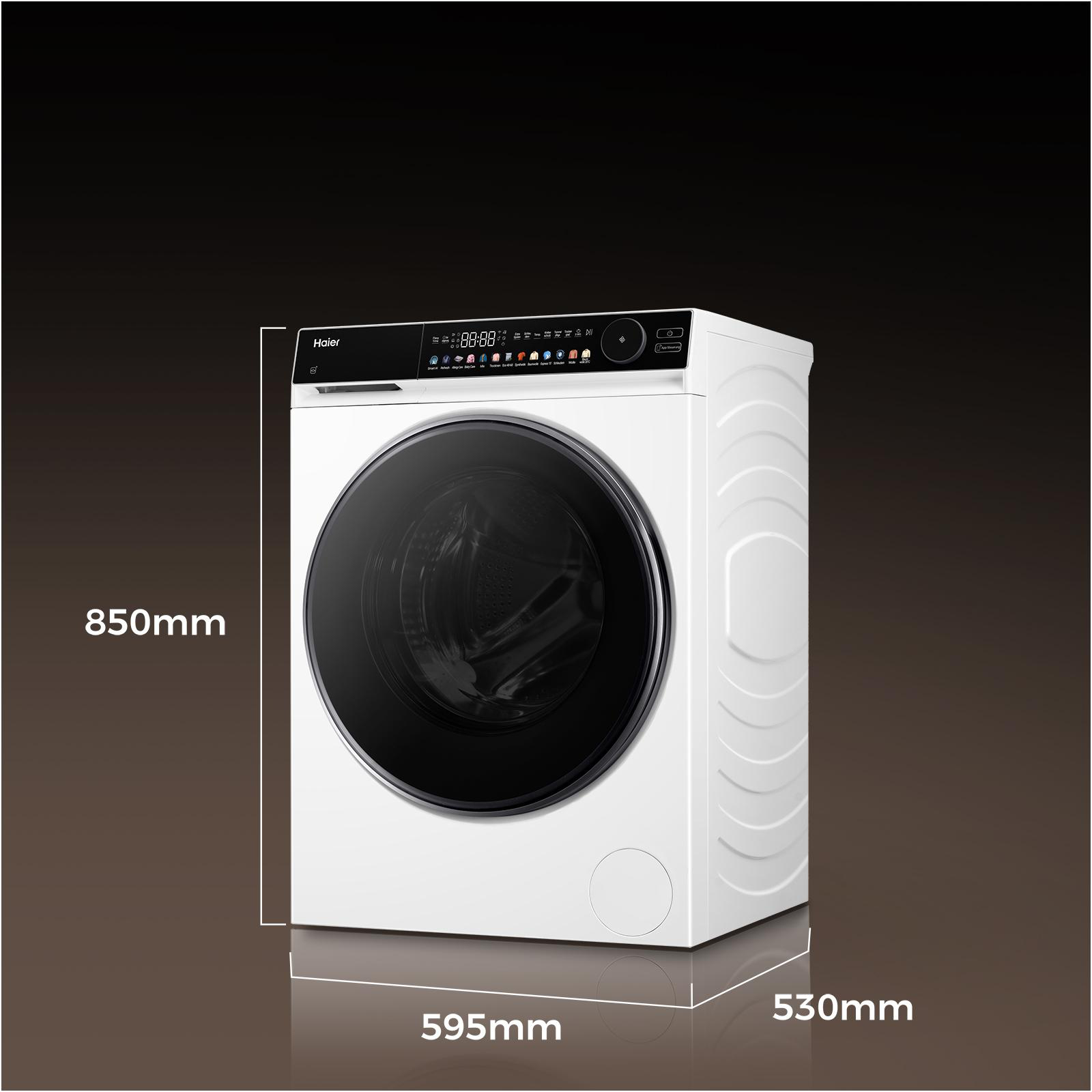 Eine weiße Haier Waschmaschine mit digitalem Display und runder Tür.