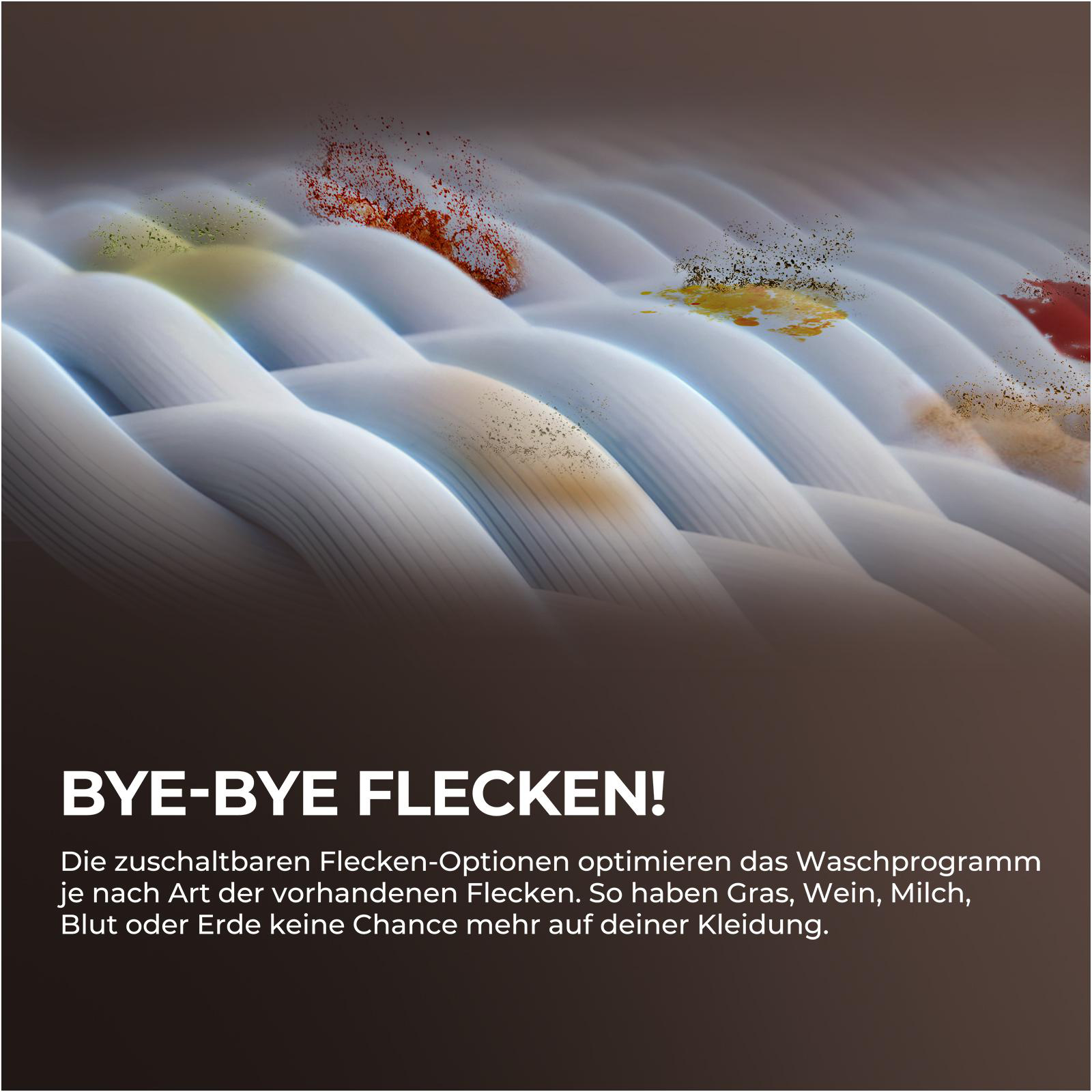 Weiße Stofffasern mit bunten Flecken wie rot, gelb und braun.