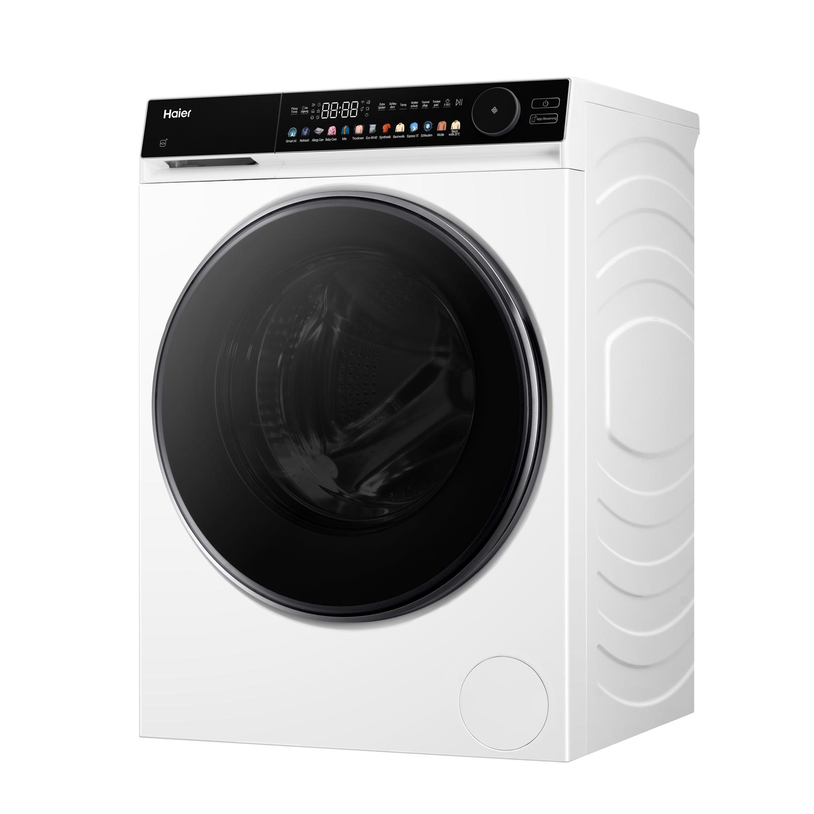 Eine weiße Haier Waschmaschine mit einem schwarzen Bullauge und einem digitalen Display.