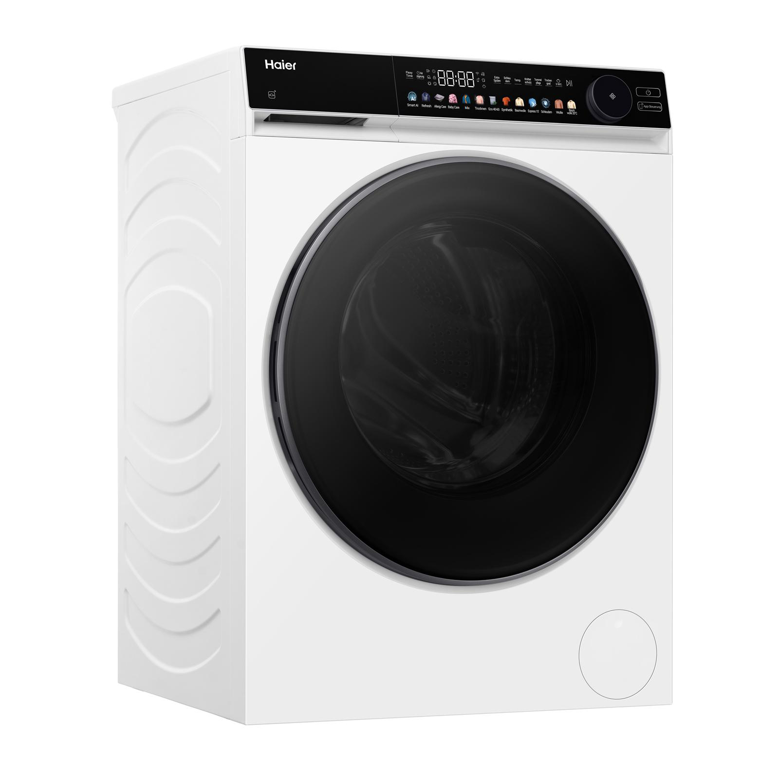 Eine weiße Haier Waschmaschine mit schwarzer Tür und digitalem Bedienfeld.