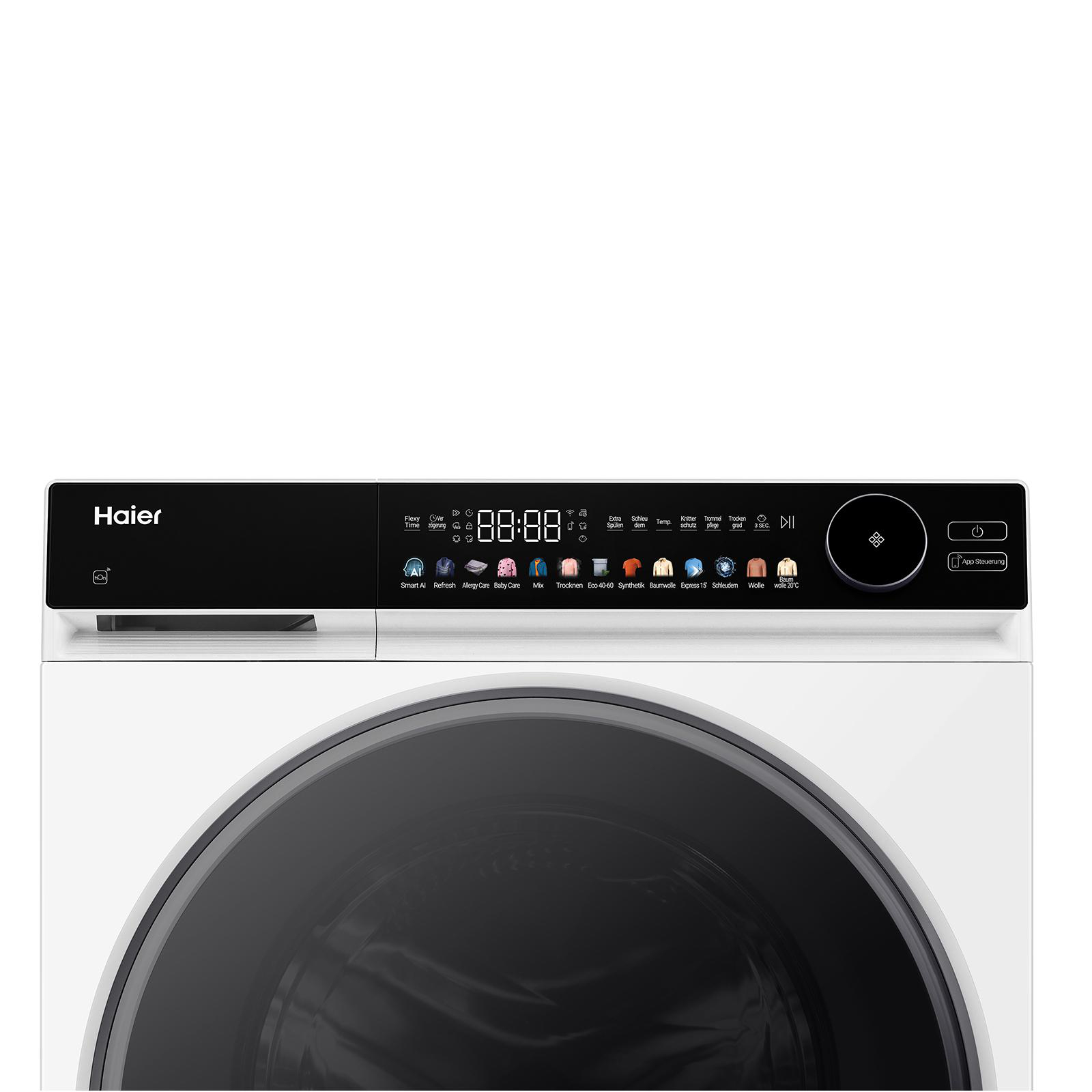 Haier-Waschmaschine mit digitaler Anzeige und Programmauswahl. Weiß und Schwarz.