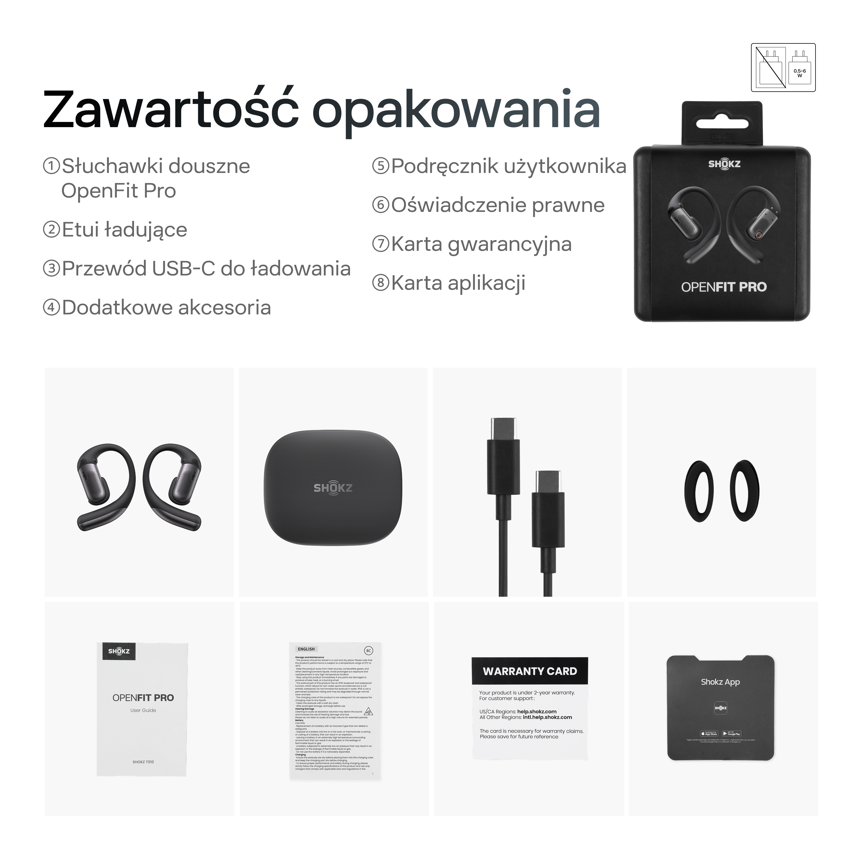 Przegląd produktu: słuchawki, etui ładujące, kabel, akcesoria i dokumenty.