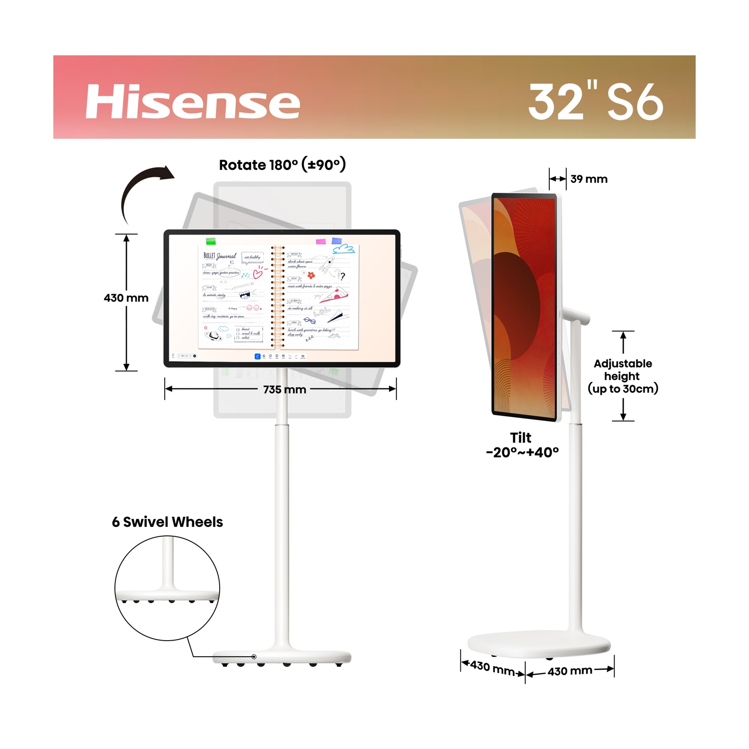 Display Hisense 32" S6 su supporto, ruotabile 180°, altezza regolabile.