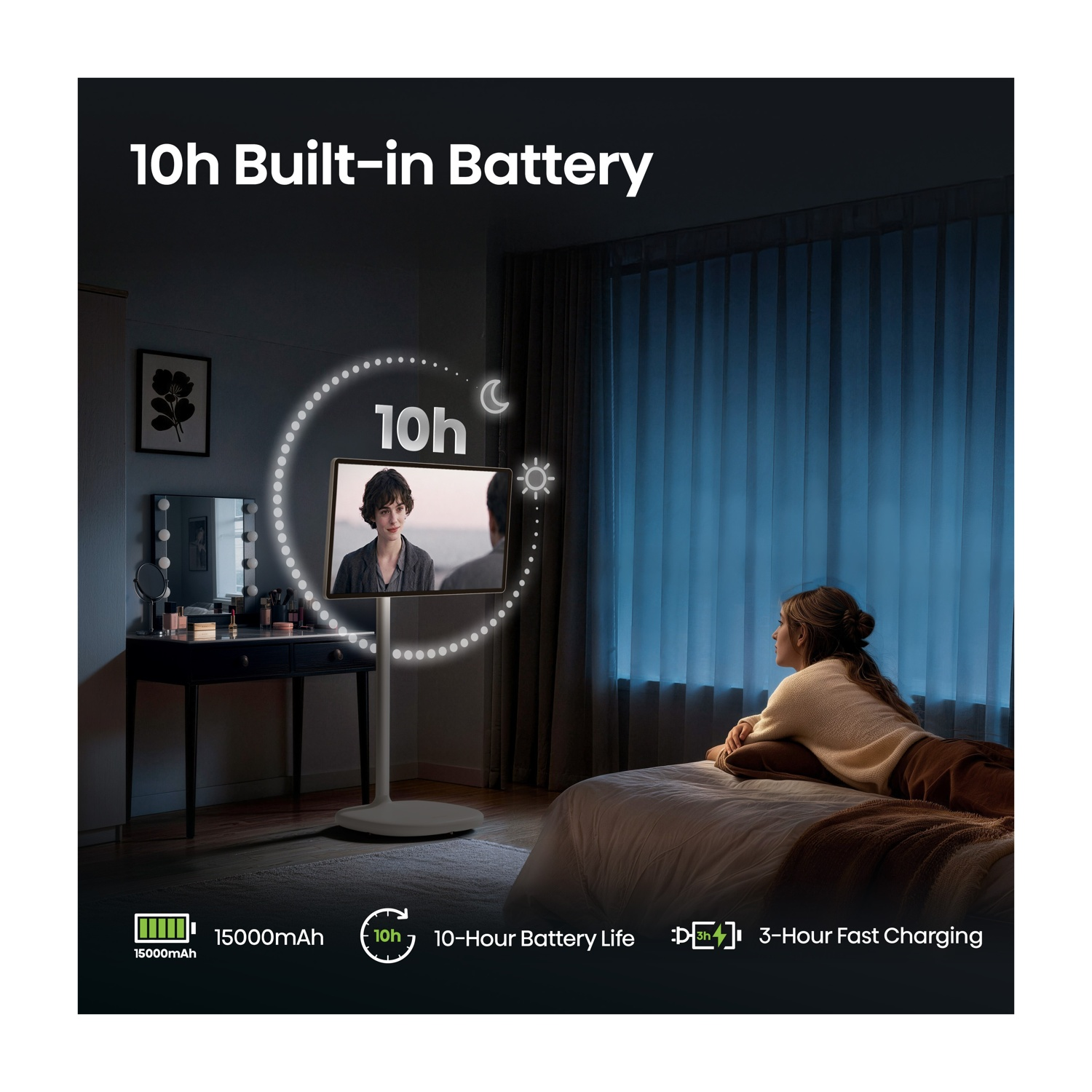 Una camera da letto con TV che evidenzia 10 ore di batteria e ricarica rapida.