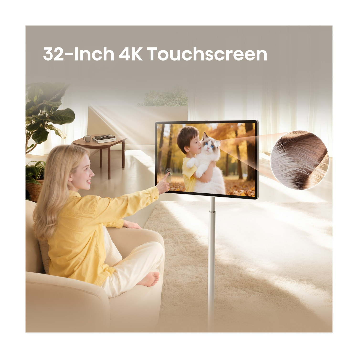 Donna tocca touchscreen 4K da 32 pollici con ragazzo e gatto bianco. Dettaglio pelliccia.