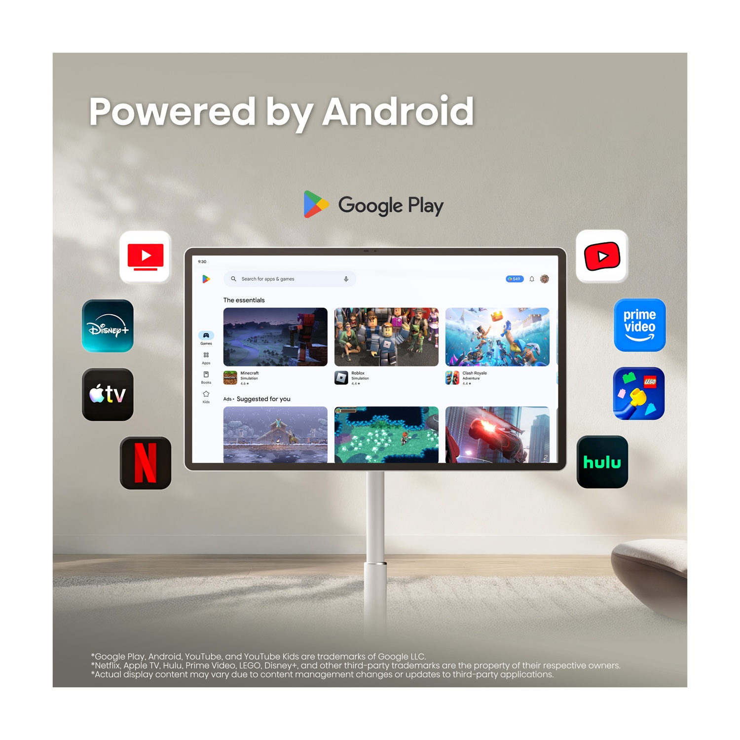 Lo schermo Android TV mostra il Google Play Store con icone di app come YouTube, Disney+, Apple TV, Netflix, Hulu, Prime Video, LEGO.