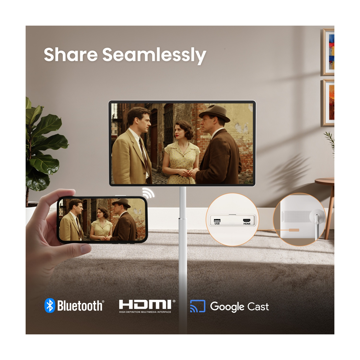 Condividi senza interruzioni. Schermo telefono riflette film su grande schermo. Con Bluetooth, HDMI, Google Cast.