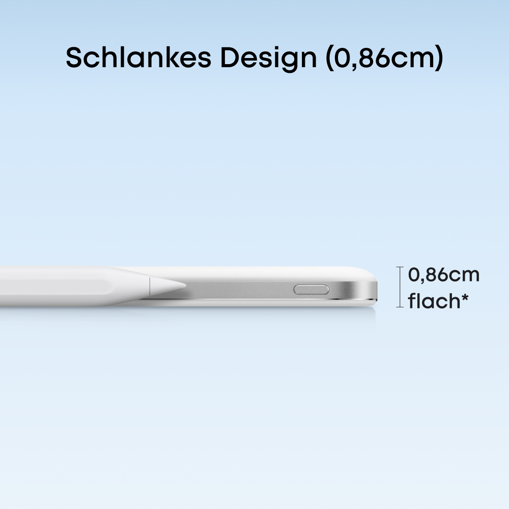Schlankes Design: 0,86cm flach, mit einem weißen Stift auf einem hellblauen Hintergrund.
