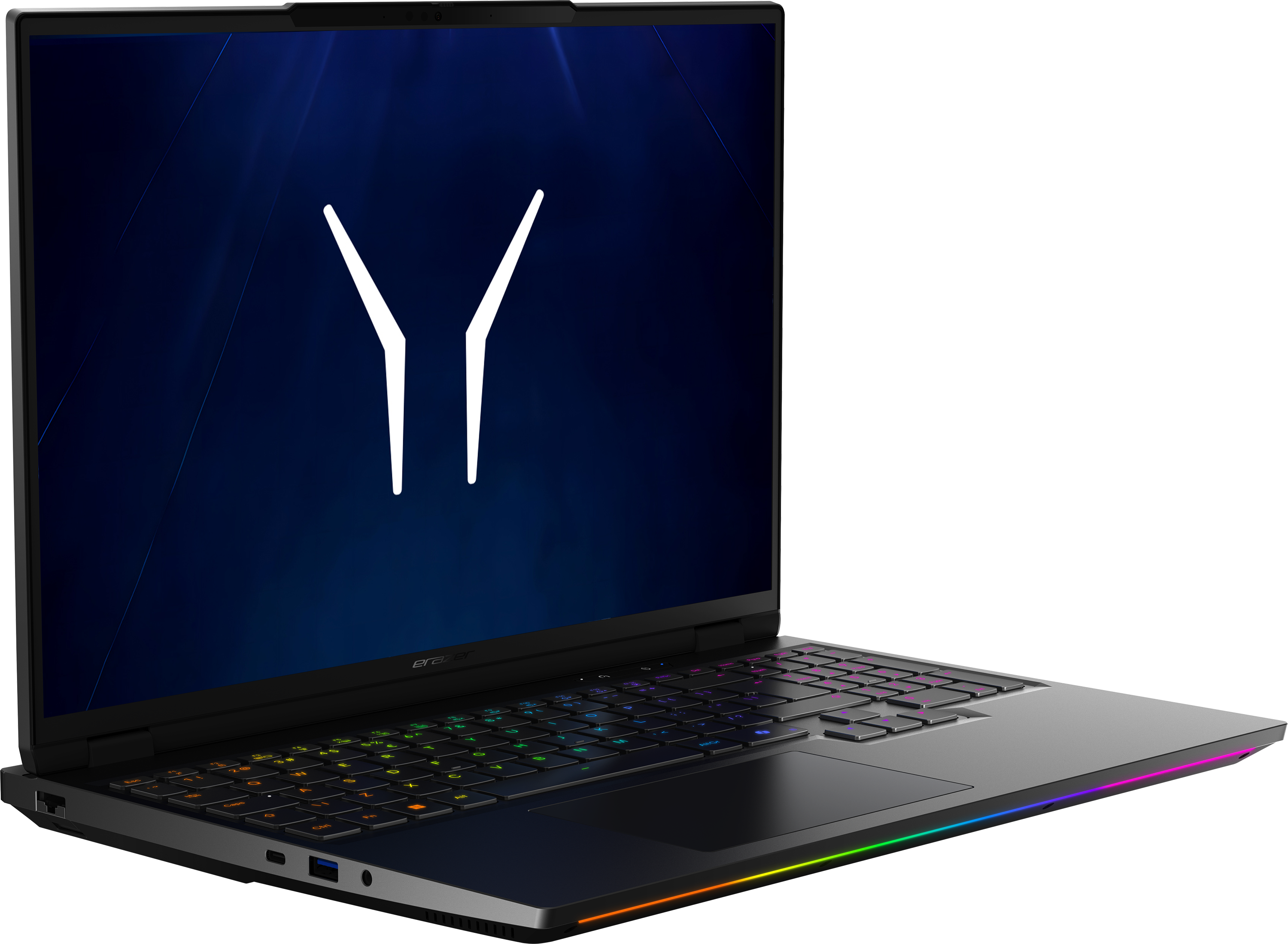 Ein schwarzer Laptop mit farbiger Tastaturbeleuchtung und einem blauen Hintergrund.