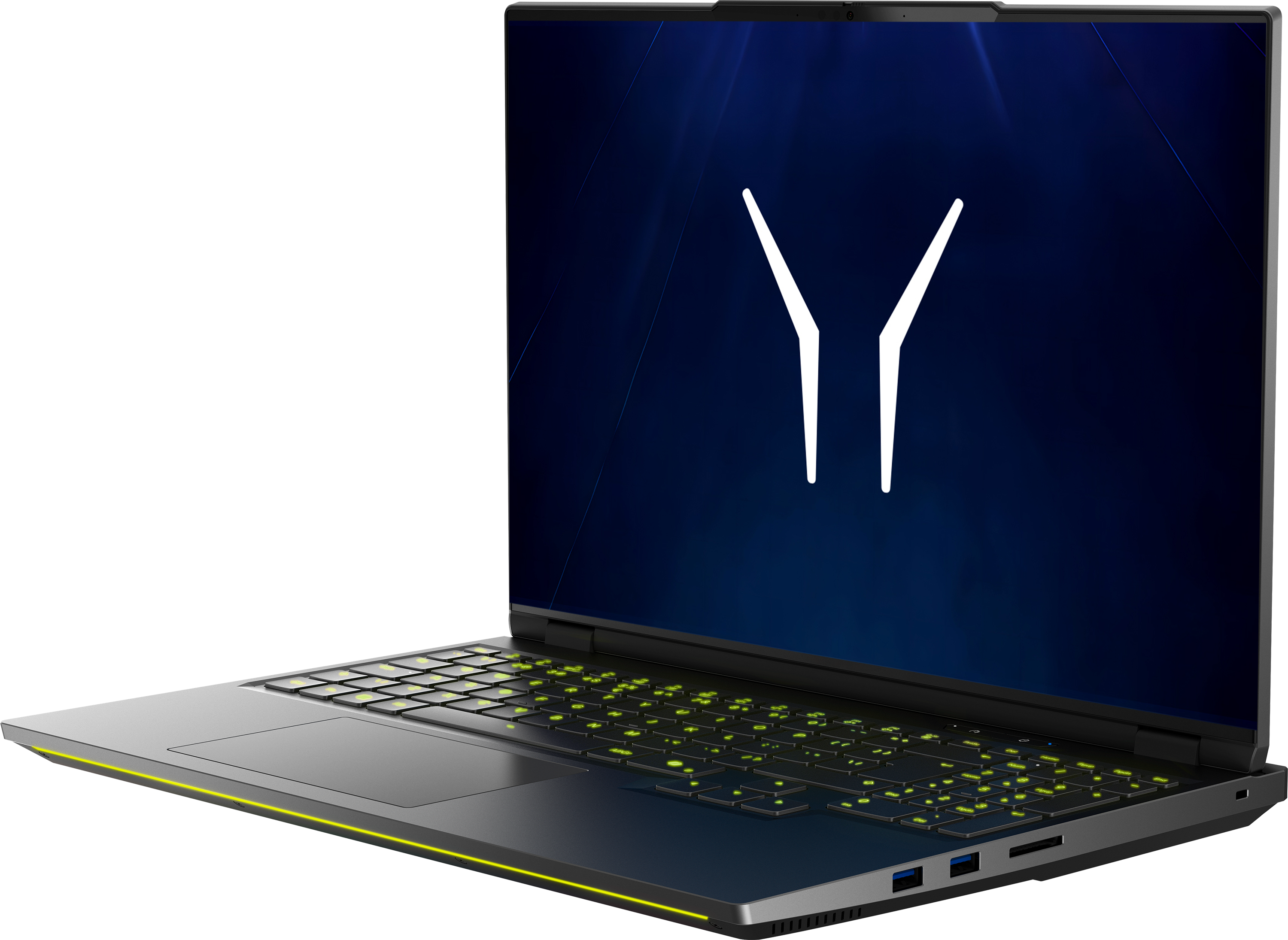 Ein geöffneter Laptop mit beleuchteter grüner Tastatur und einem weißen Y-Logo auf dem dunklen blauen Bildschirm.