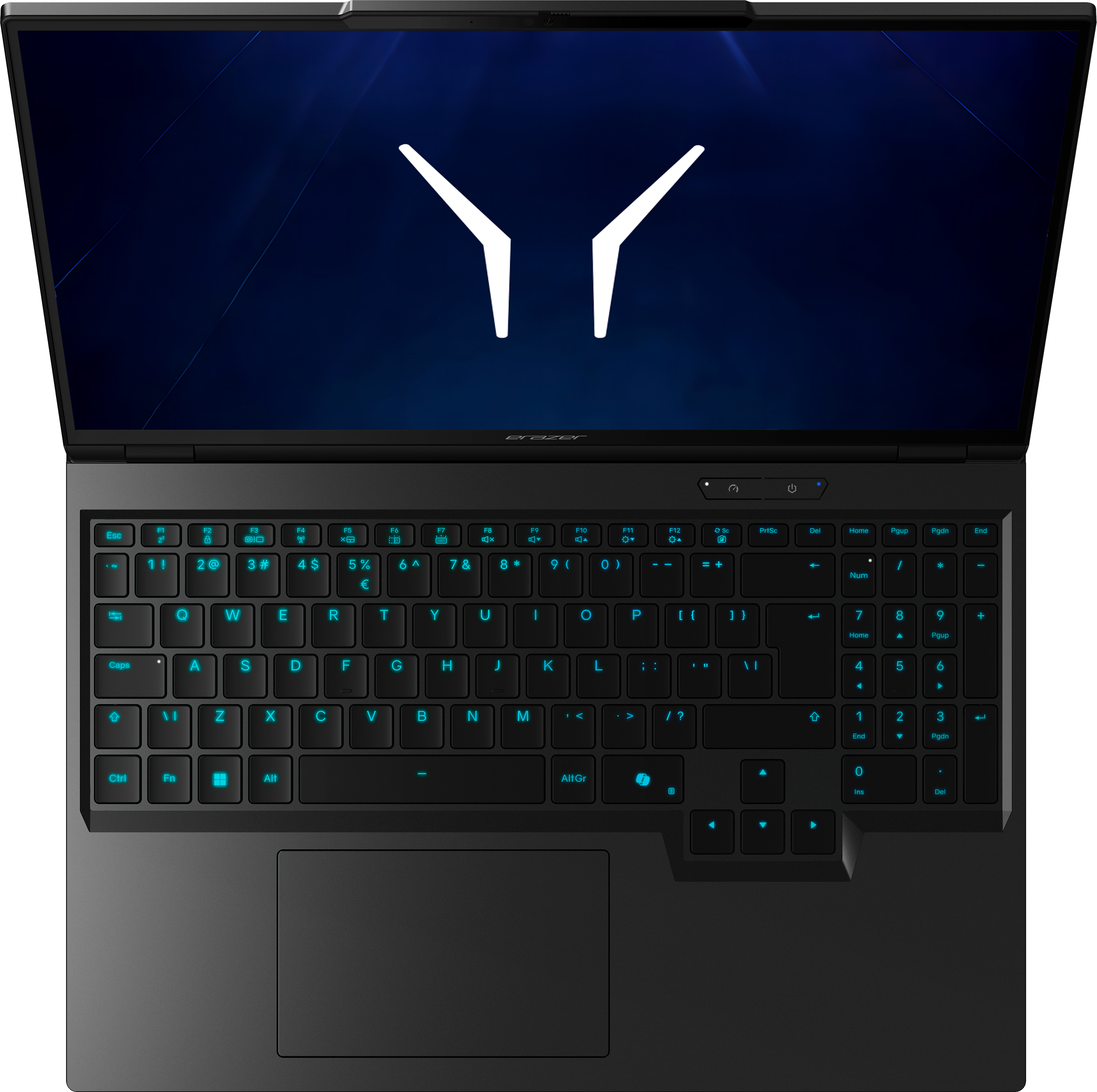 Ein geöffneter Laptop mit beleuchteter Tastatur und blauem Logo auf dem Bildschirm.