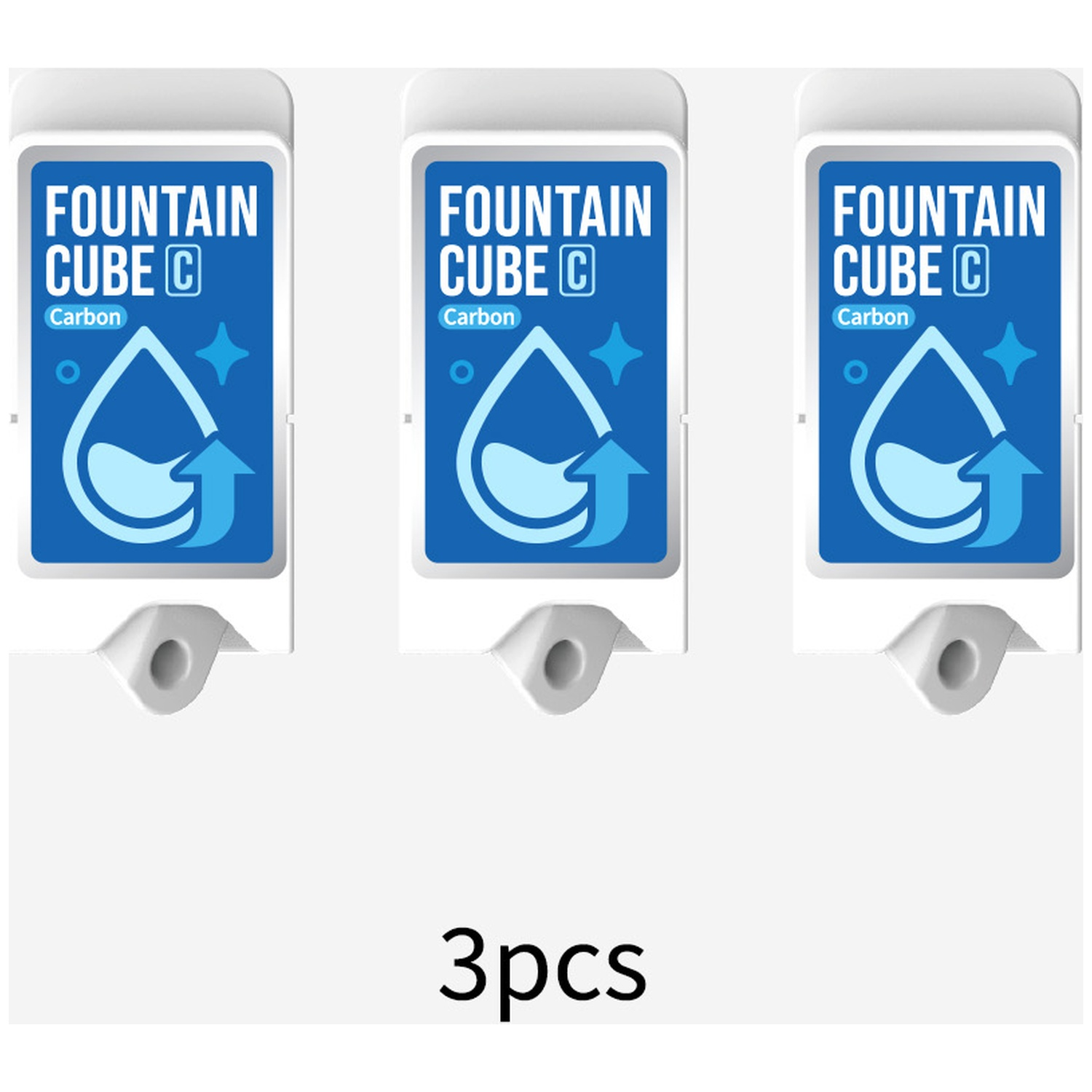 Three Fountain Cube C carbon filters with water drop icons.