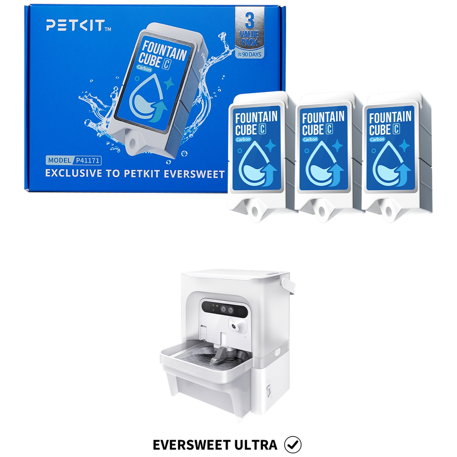 PETKIT Eversweet Ultra water dispenser with three filter cubes and a pack.