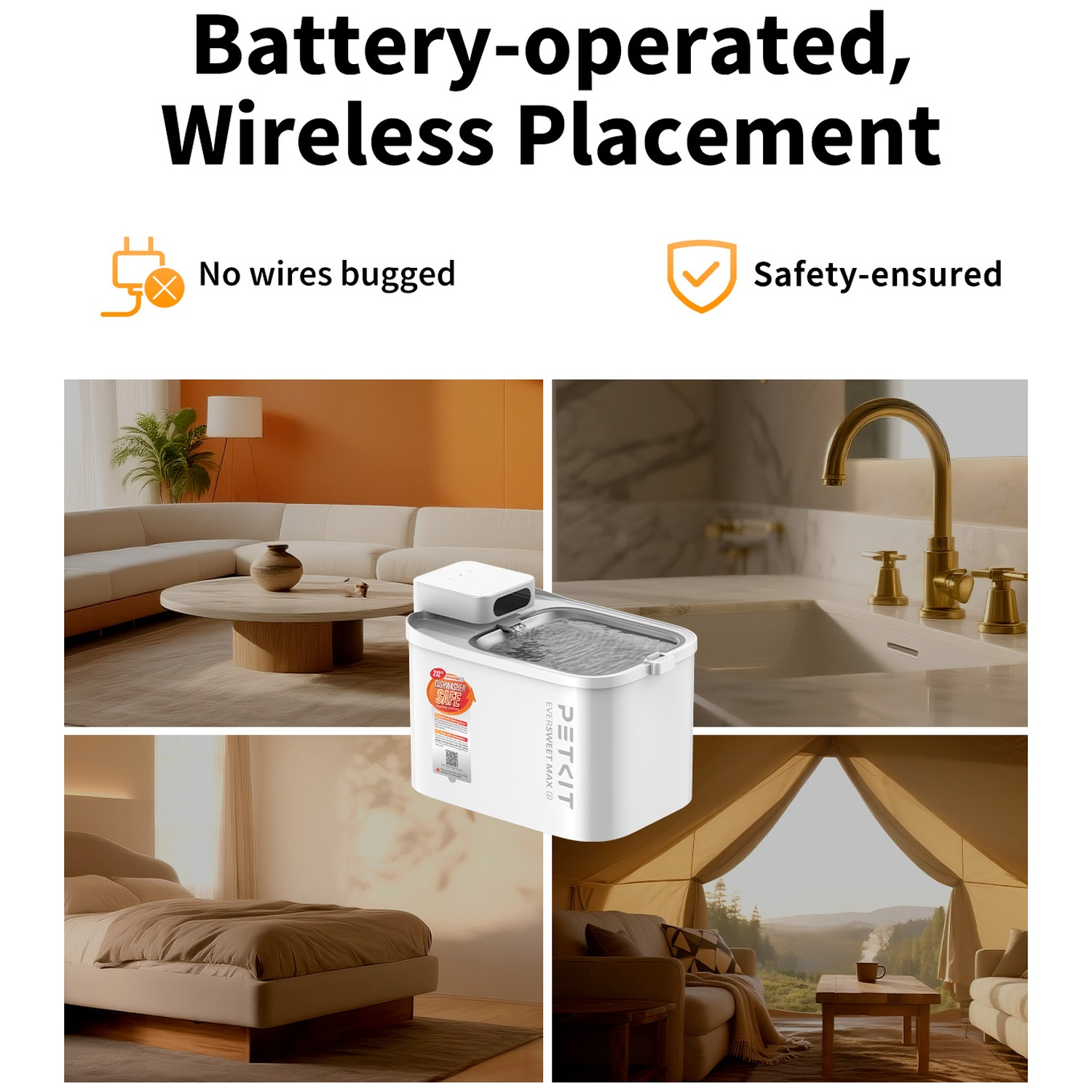 Collage shows a home, kitchen, bedroom, tent, and a device.