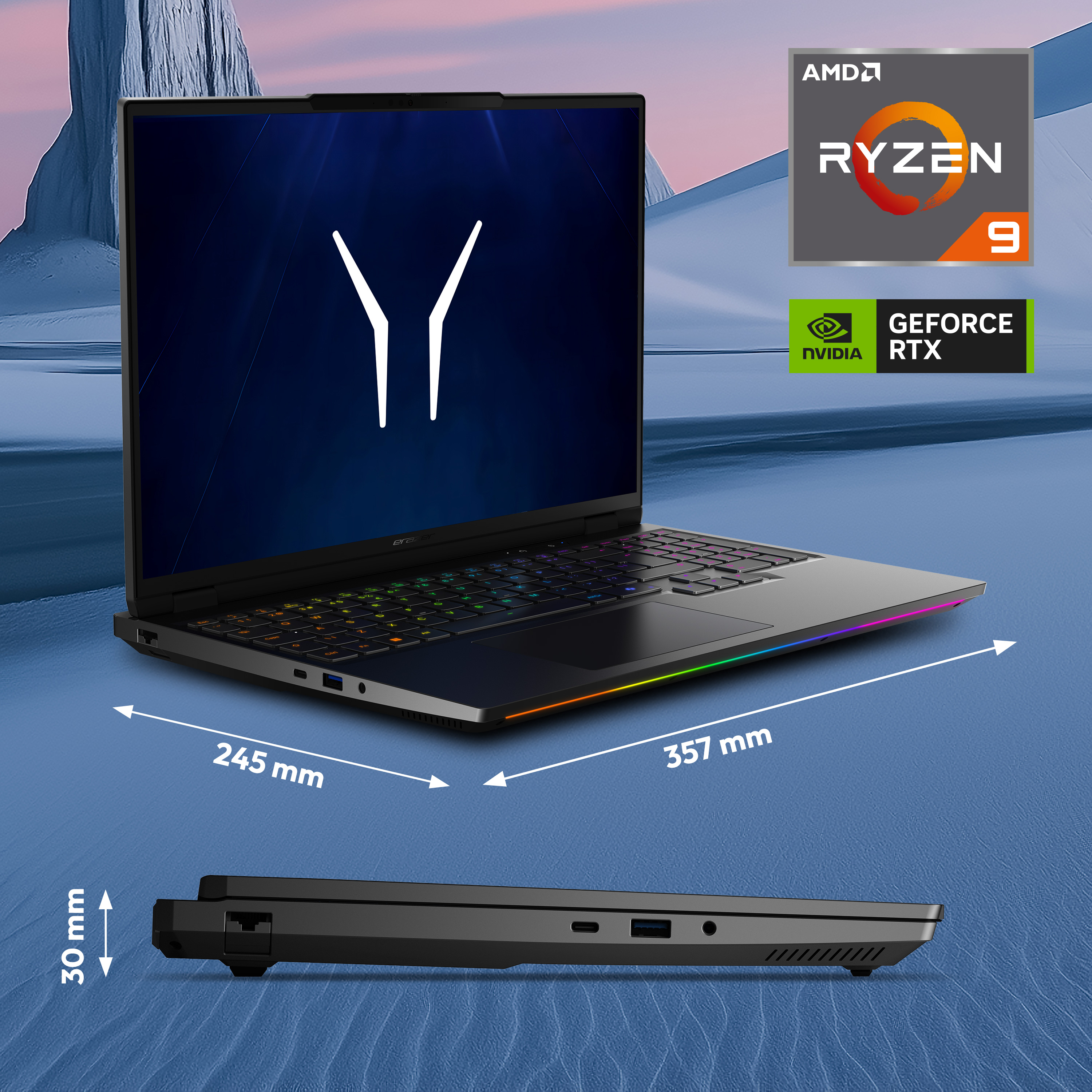 Schwarzer Laptop mit AMD Ryzen 9 und Nvidia RTX. Maße: 357x245x30mm.