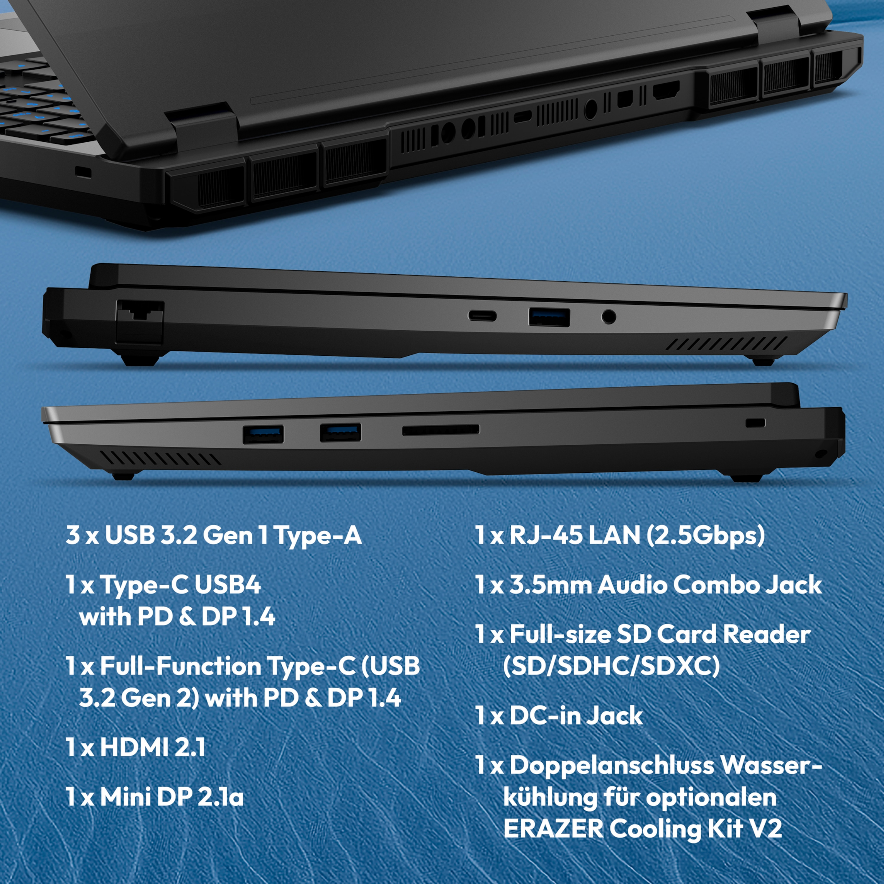 Seitenansicht eines schwarzen Laptops mit detaillierter Port-Beschreibung.