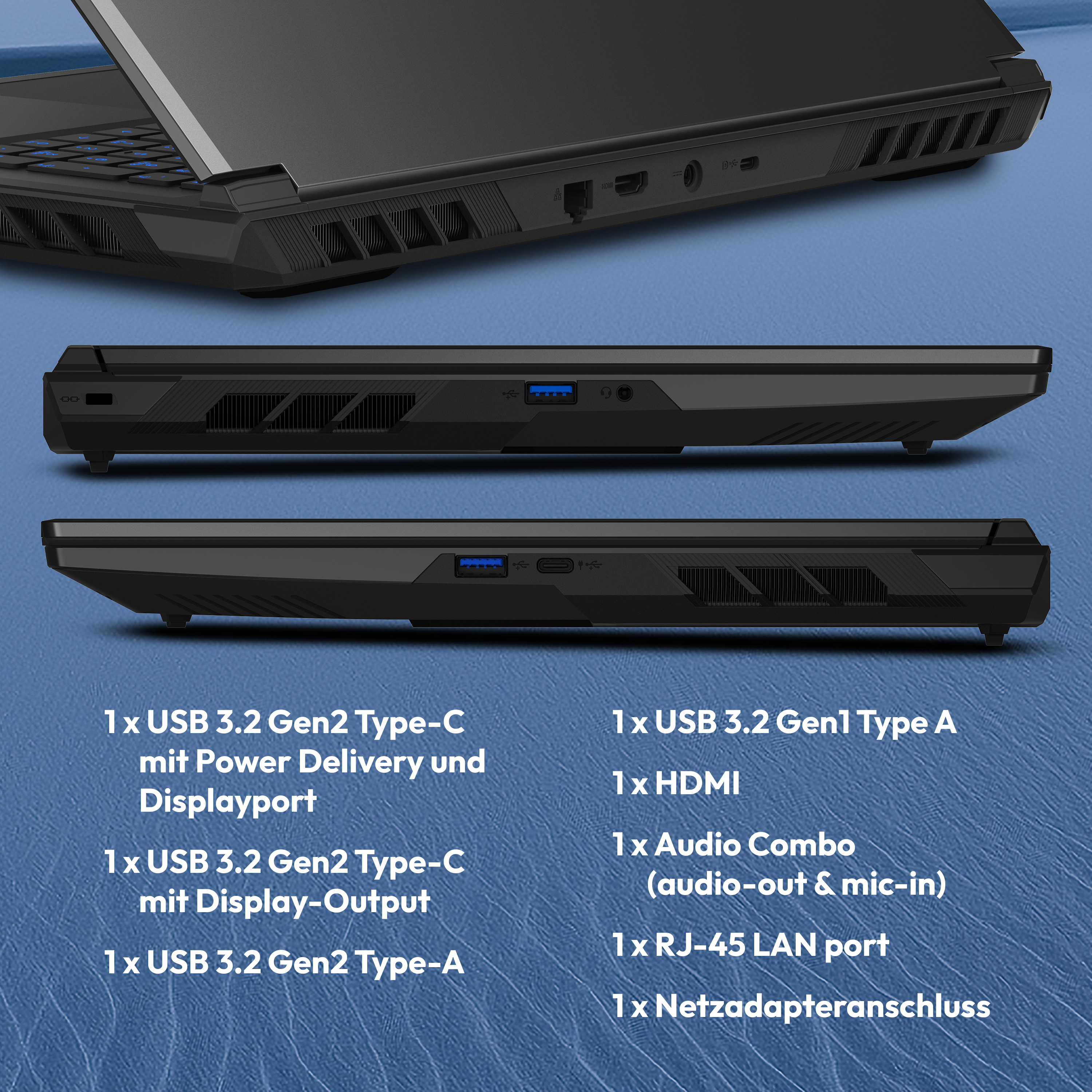 Anschlüsse eines schwarzen Laptops: USB-C, USB-A, HDMI, LAN, Audio.