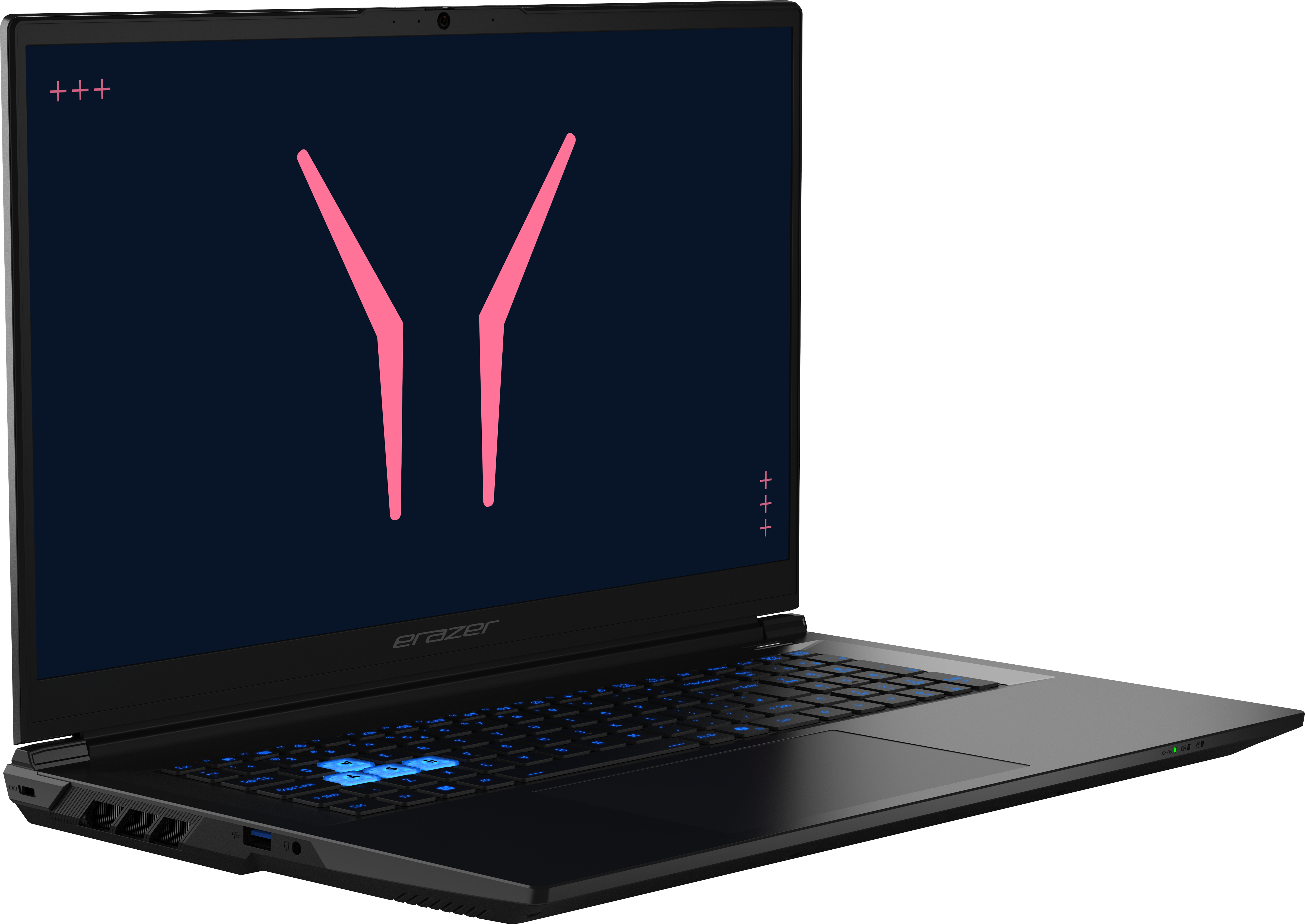 Ein geöffneter schwarzer Laptop mit blau beleuchteter Tastatur und pinkem Y-Symbol auf dem Bildschirm.