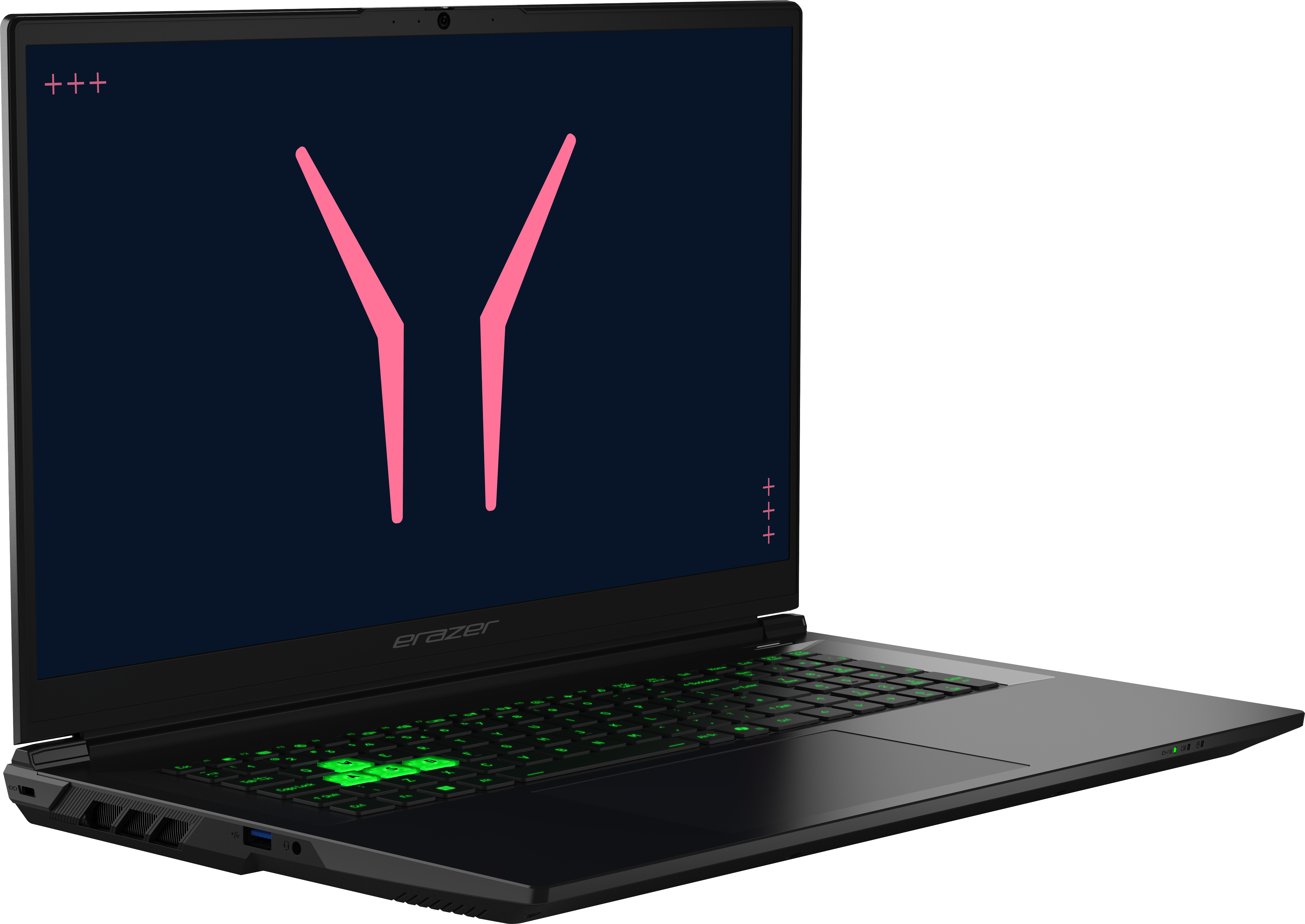 Schwarzer Laptop mit leuchtend grüner Tastatur und pinkem Logo auf dunklem Bildschirm.