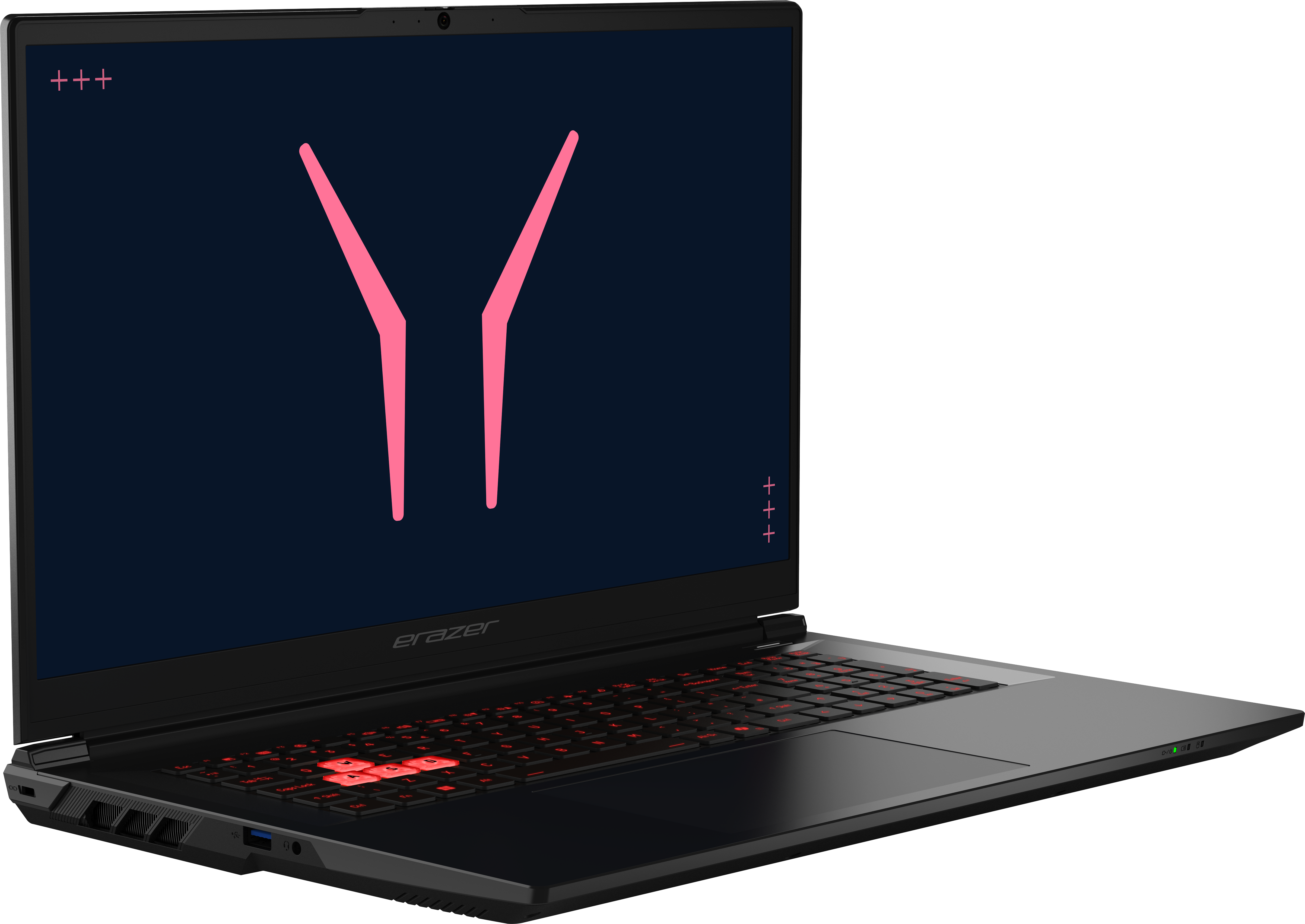 Ein schwarzer Laptop mit beleuchteter Tastatur und einem "Y"-Symbol auf dem dunklen Bildschirm.