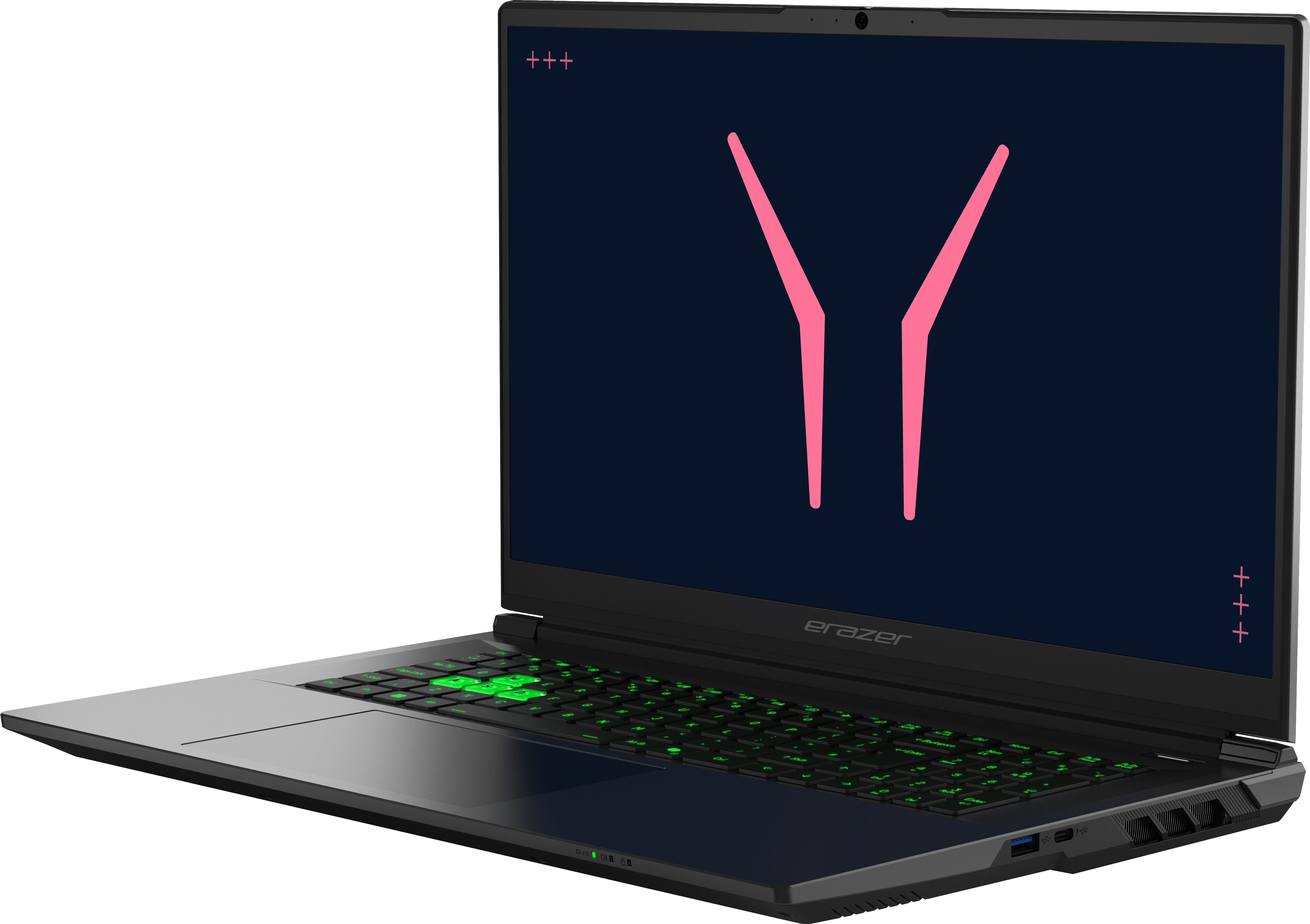 Schwarzer Laptop mit beleuchteter grüner Tastatur und pinkem Y-Logo auf dunklem Bildschirm.