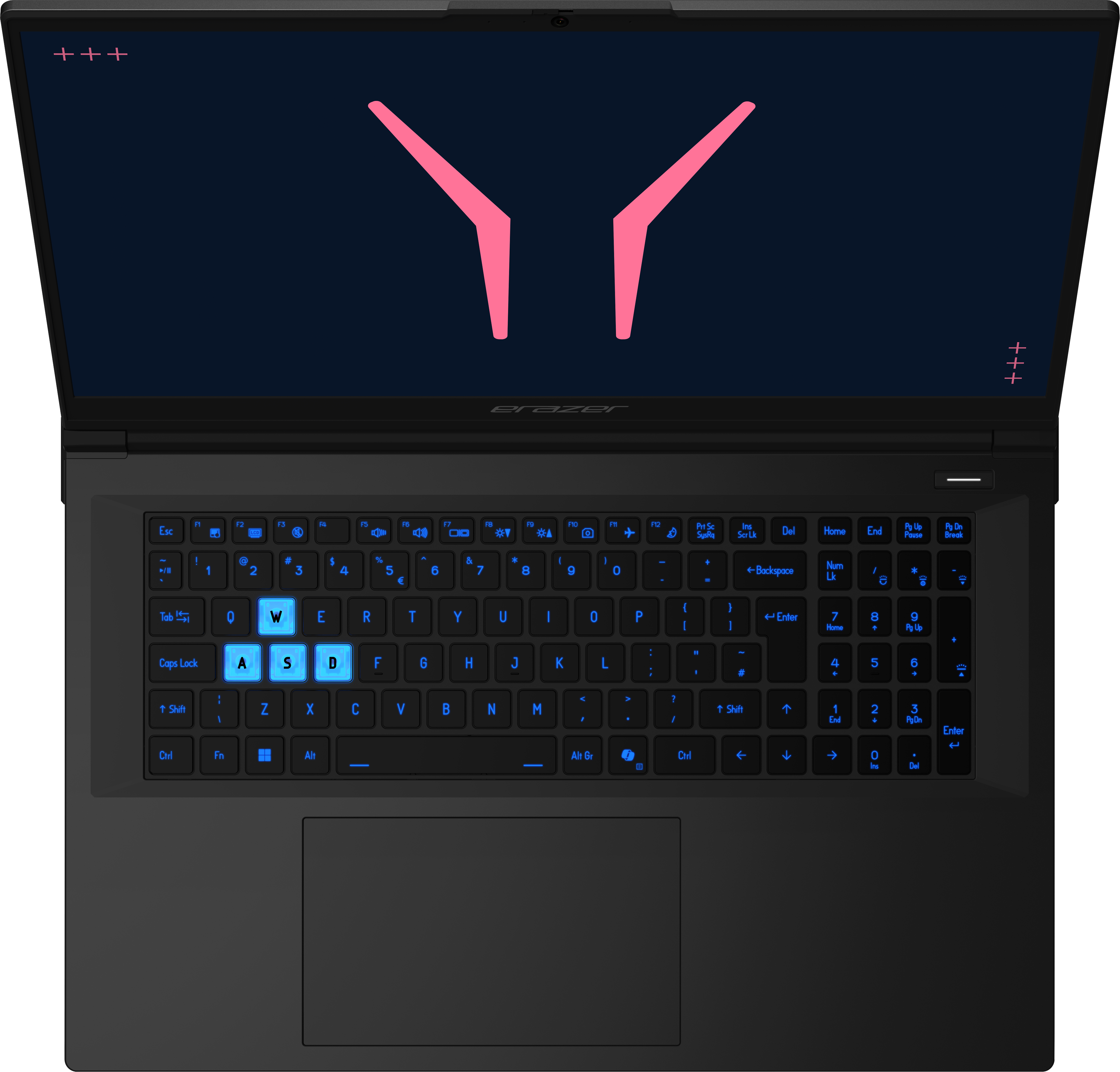 Ein offener Laptop mit einem dunklen Bildschirm und einem pinken Logo.