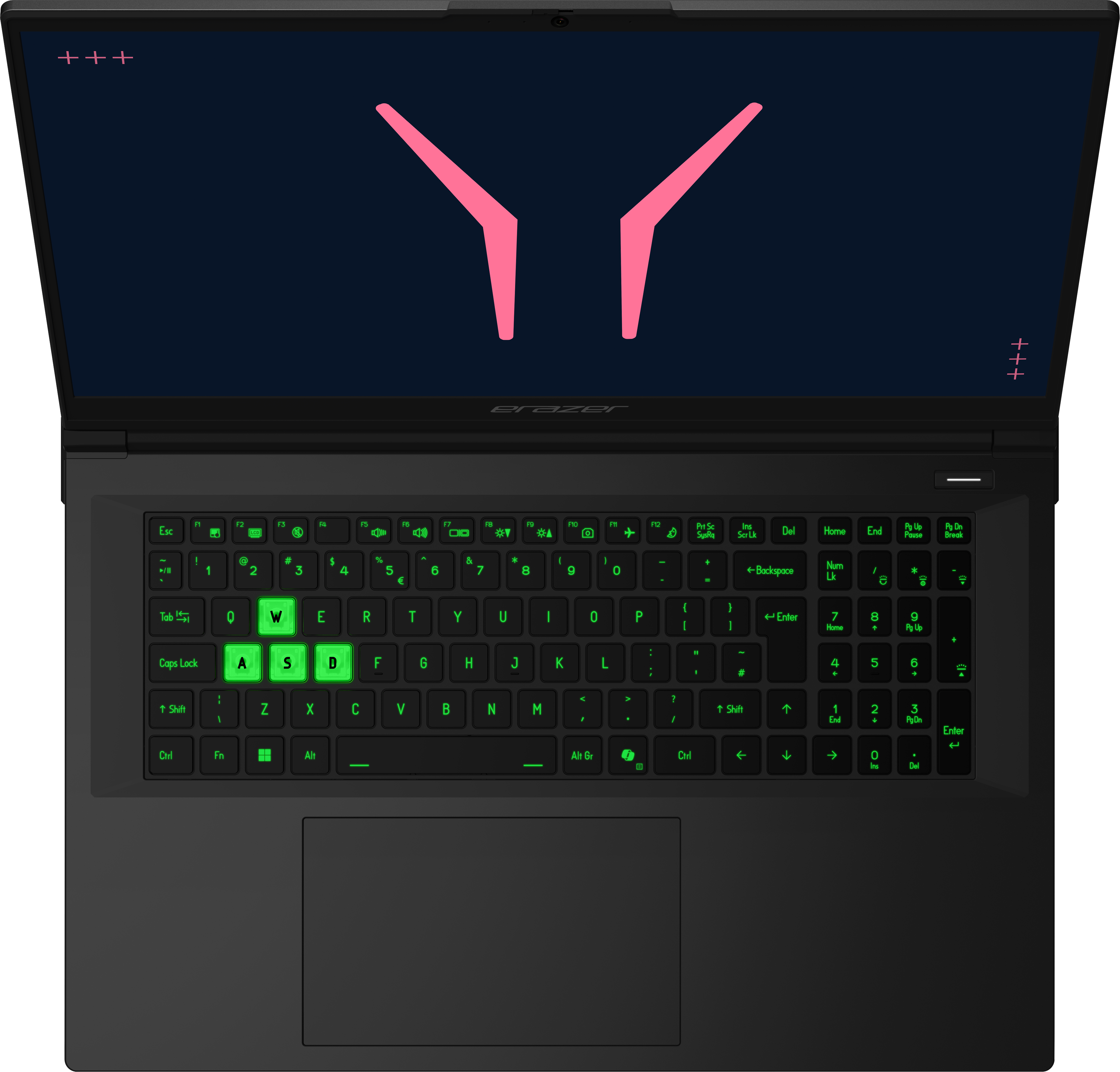 Ein geöffneter Laptop mit leuchtend grüner Tastatur und einem dunklen Bildschirm mit rosa Symbolen.