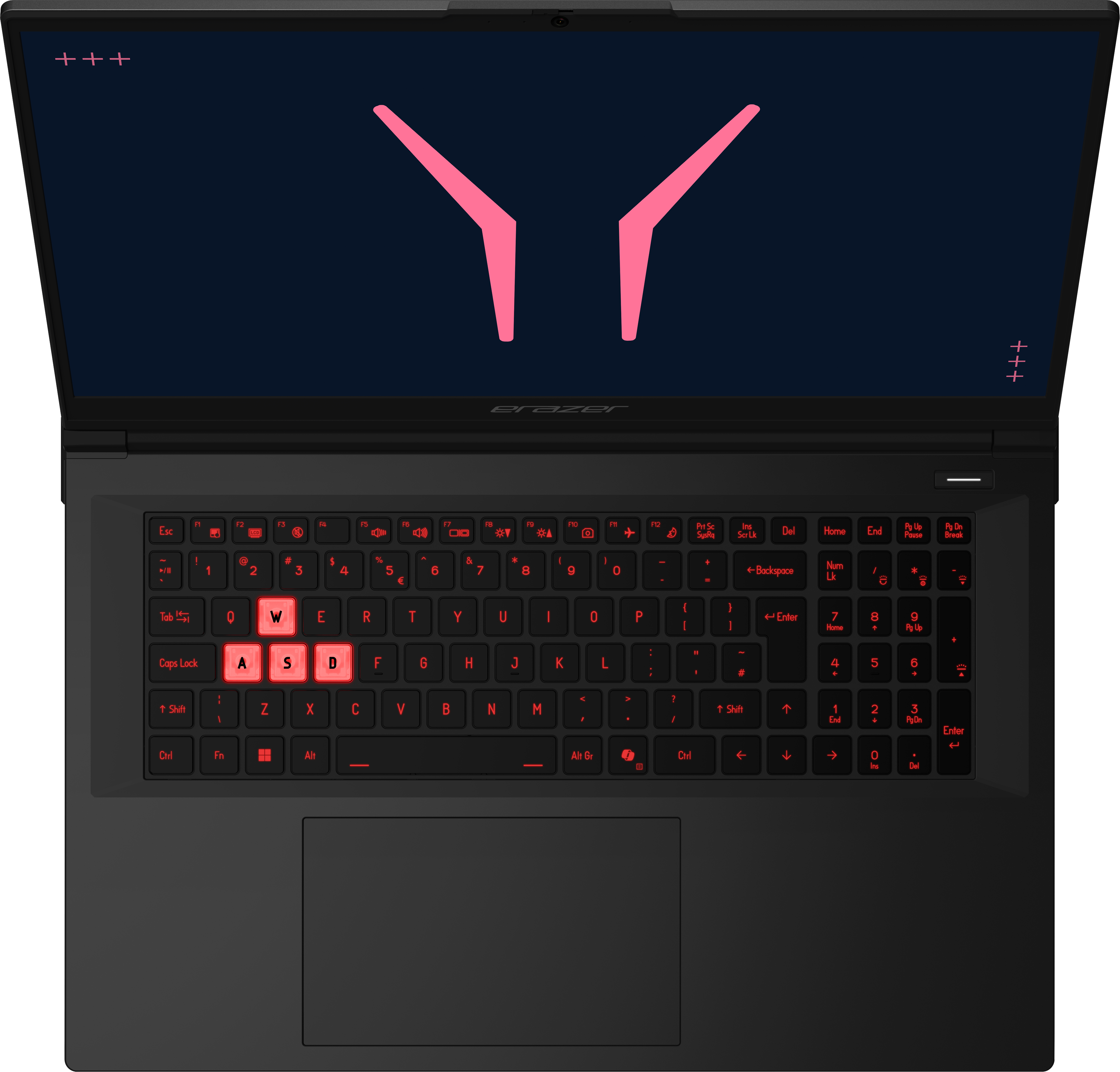 Ein schwarzer Laptop mit rotem Tastaturlicht und einem pinken Logo auf dem dunklen Bildschirm.