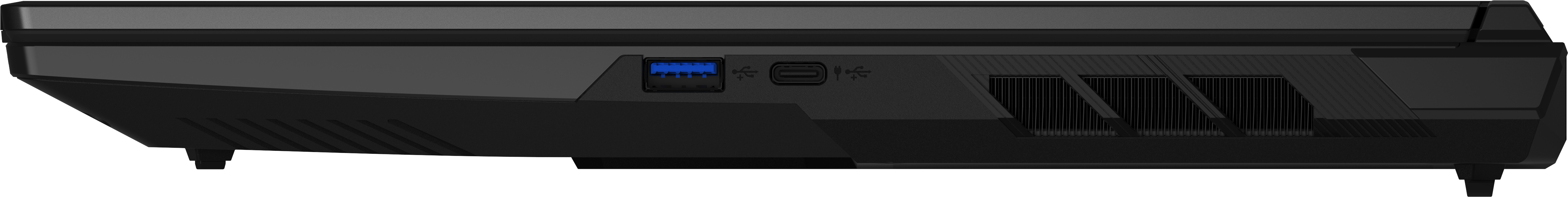 Schwarzer Laptop-Seite mit USB-A, USB-C und Lüftungsschlitzen.
