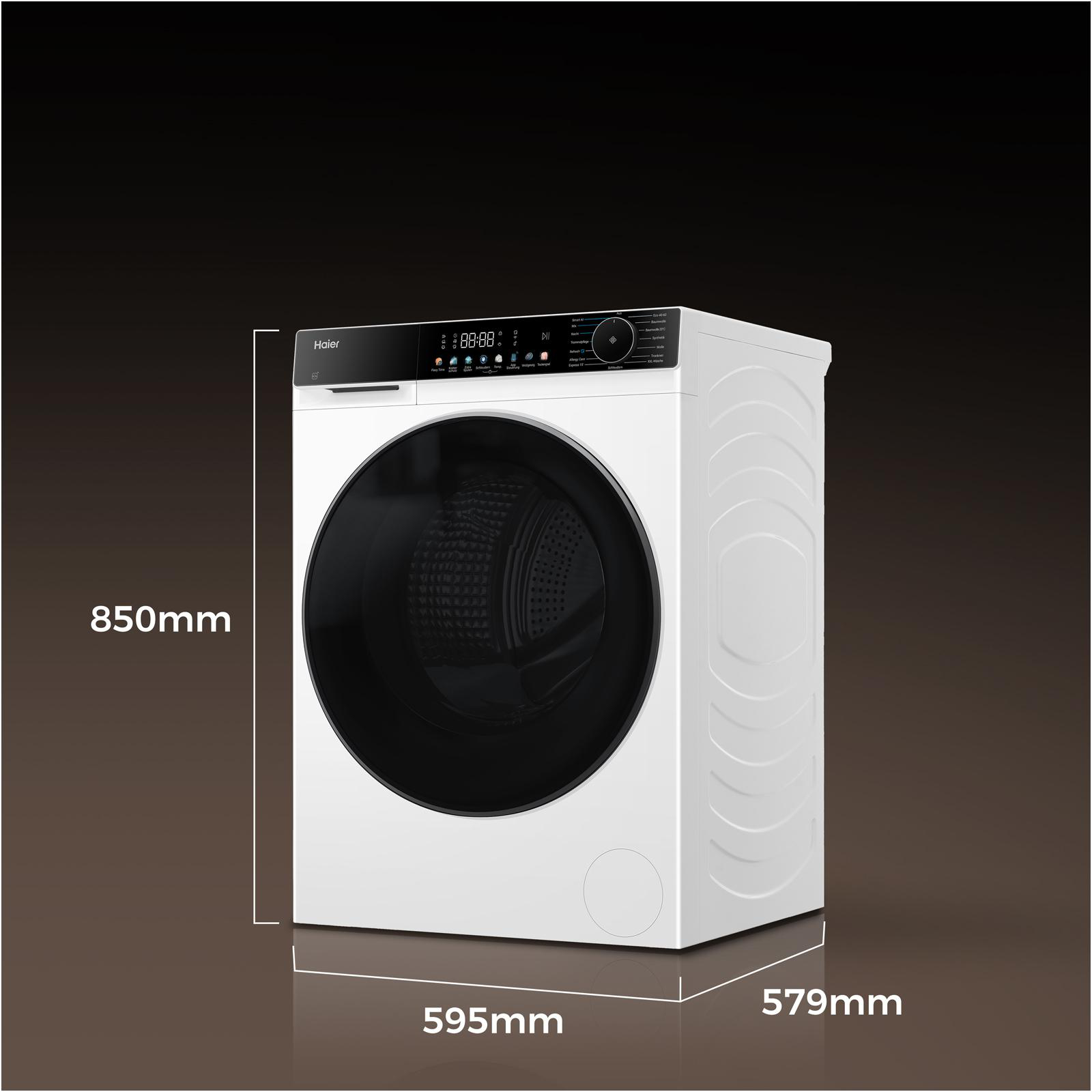 Eine weiße Haier-Waschmaschine mit digitaler Anzeige und runder Tür.