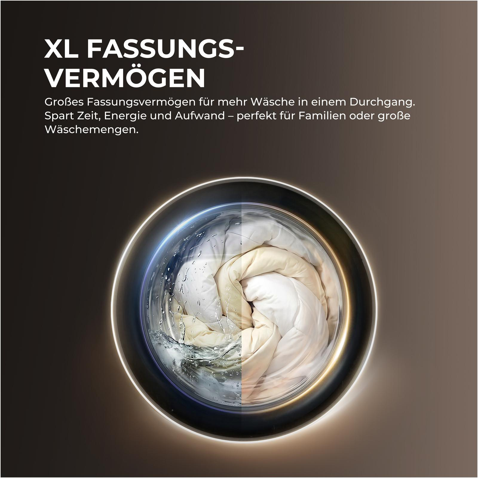 Waschmaschine mit XL-Trommel, gefüllt mit weißer Bettwäsche und Wasser.