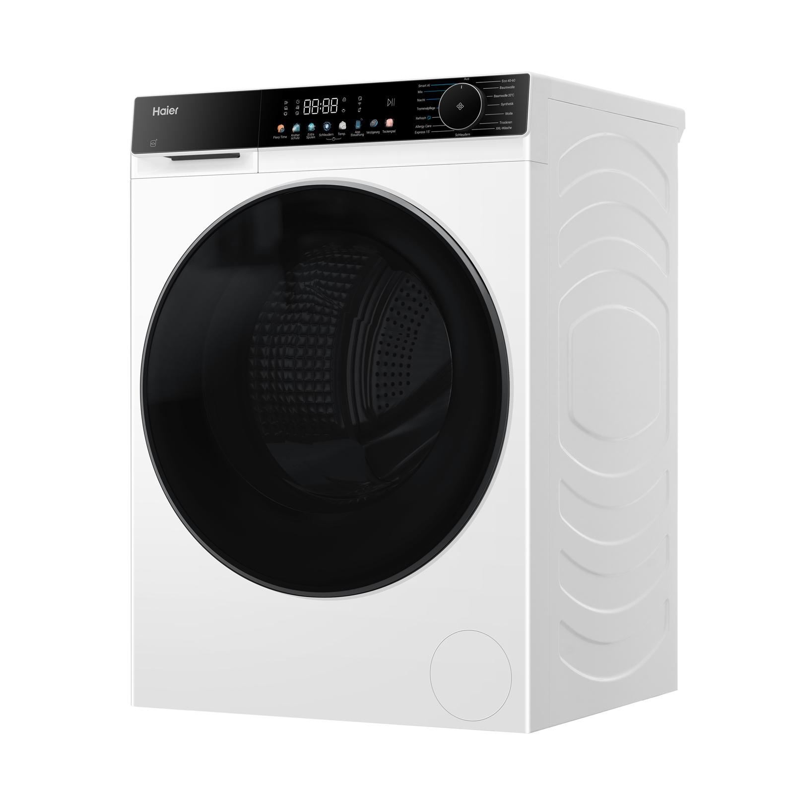 Eine weiße Haier Waschmaschine mit digitaler Anzeige und schwarzer Tür.