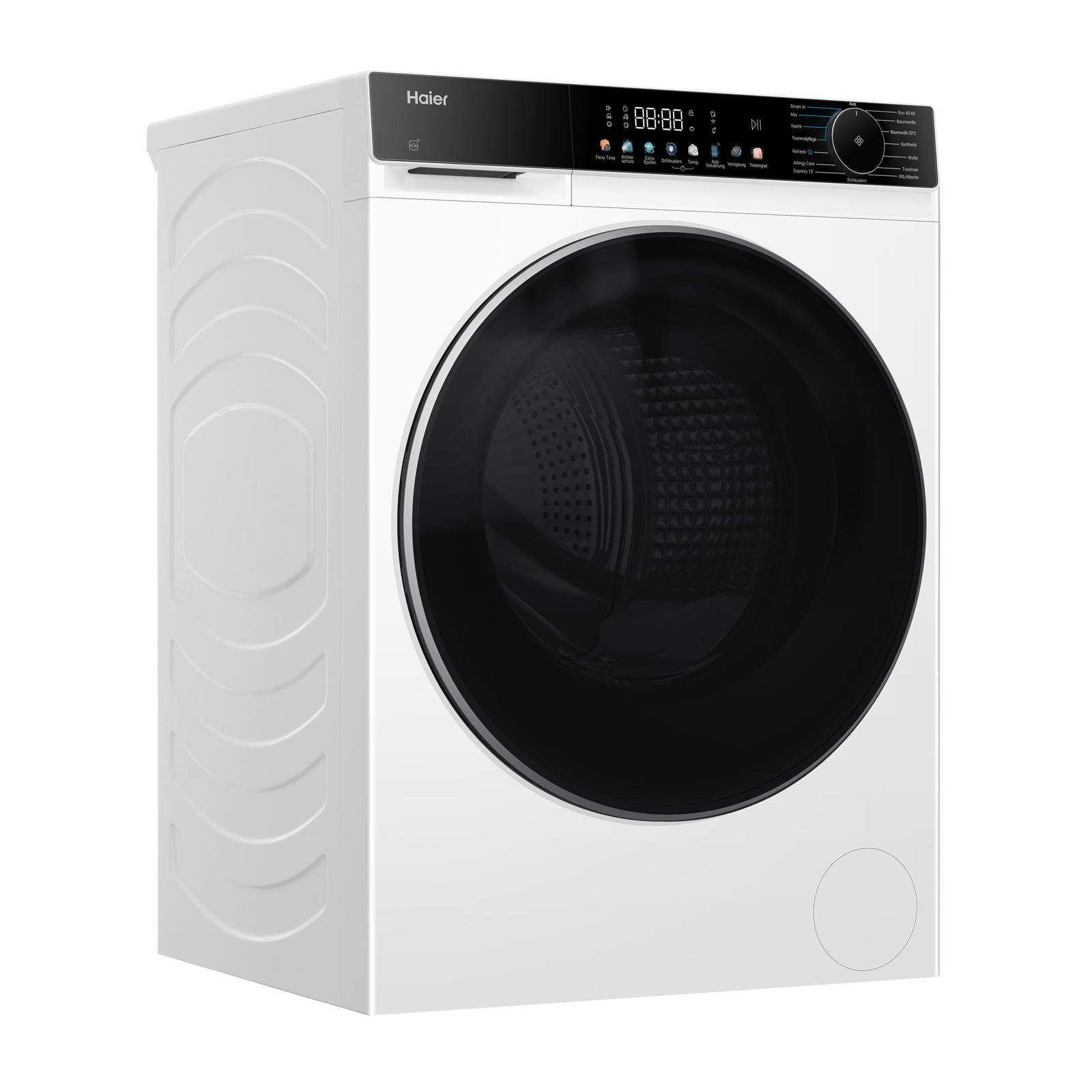 Weiße Haier Waschmaschine mit schwarzer Tür und digitalem Bedienfeld.