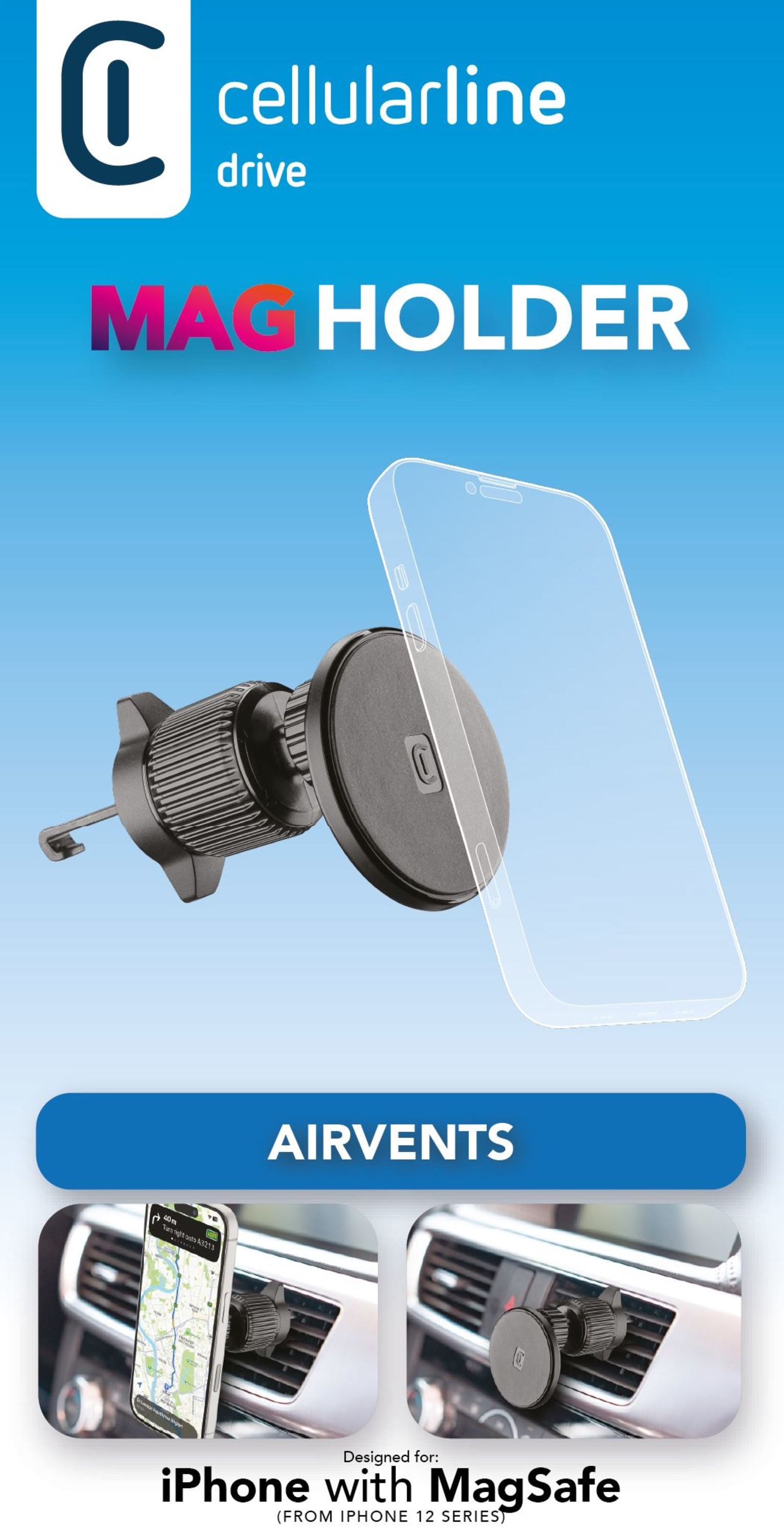 Cellularline Mag Holder MagSafe'li iPhone için, havalandırma deliklerine takılır.