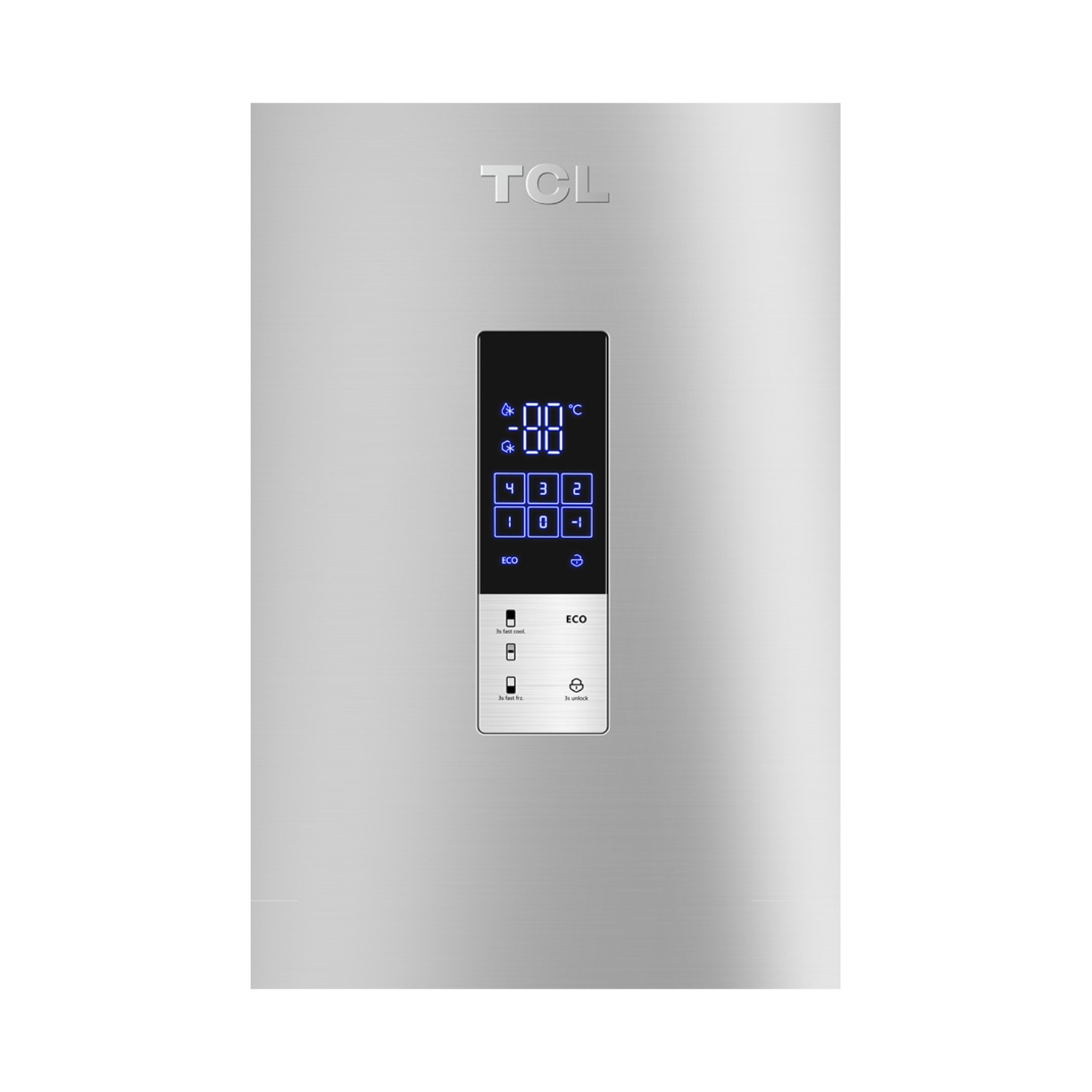 Porta argento frigorifero TCL con display digitale che mostra le temperature.