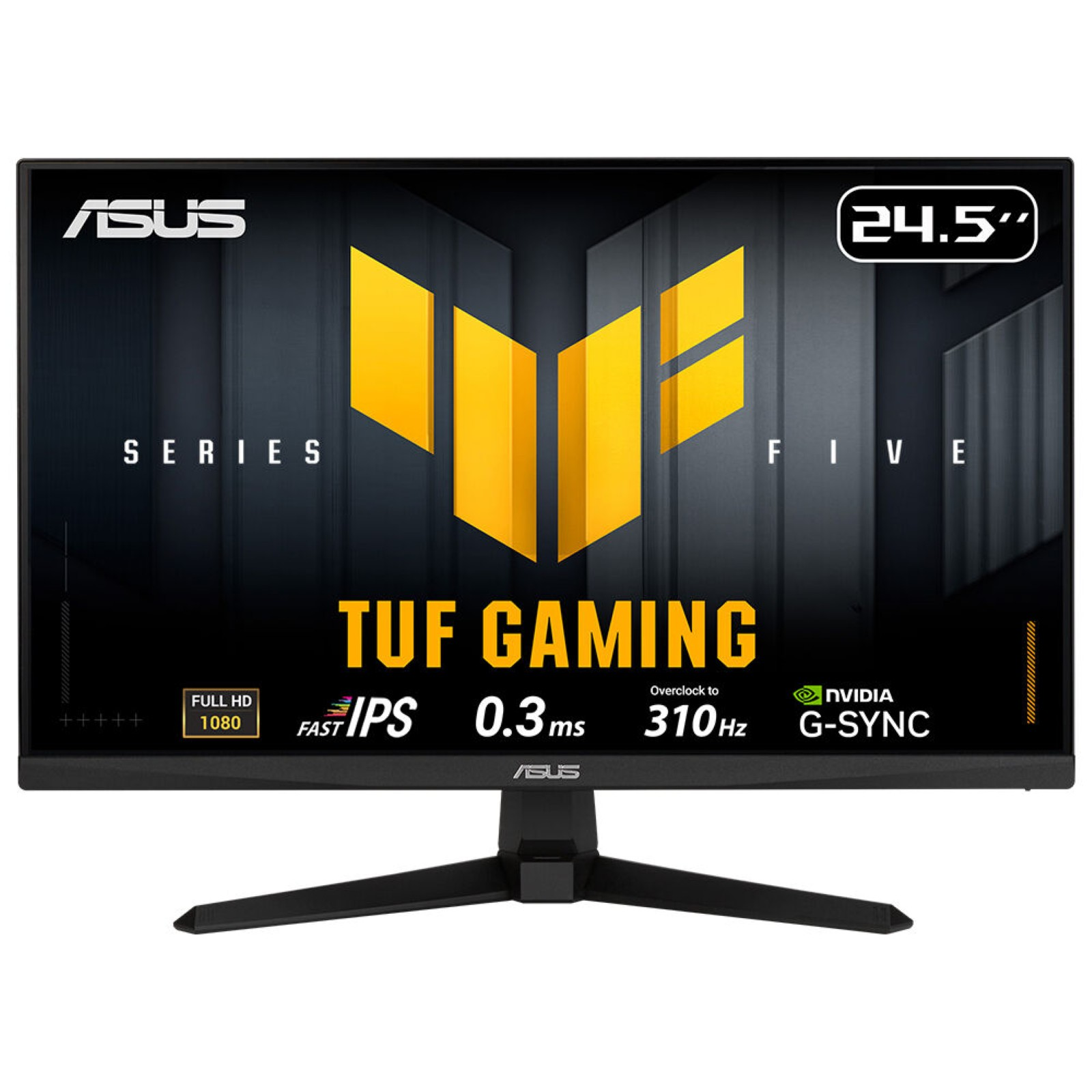 Czarny monitor ASUS TUF Gaming z żółtym logo.
