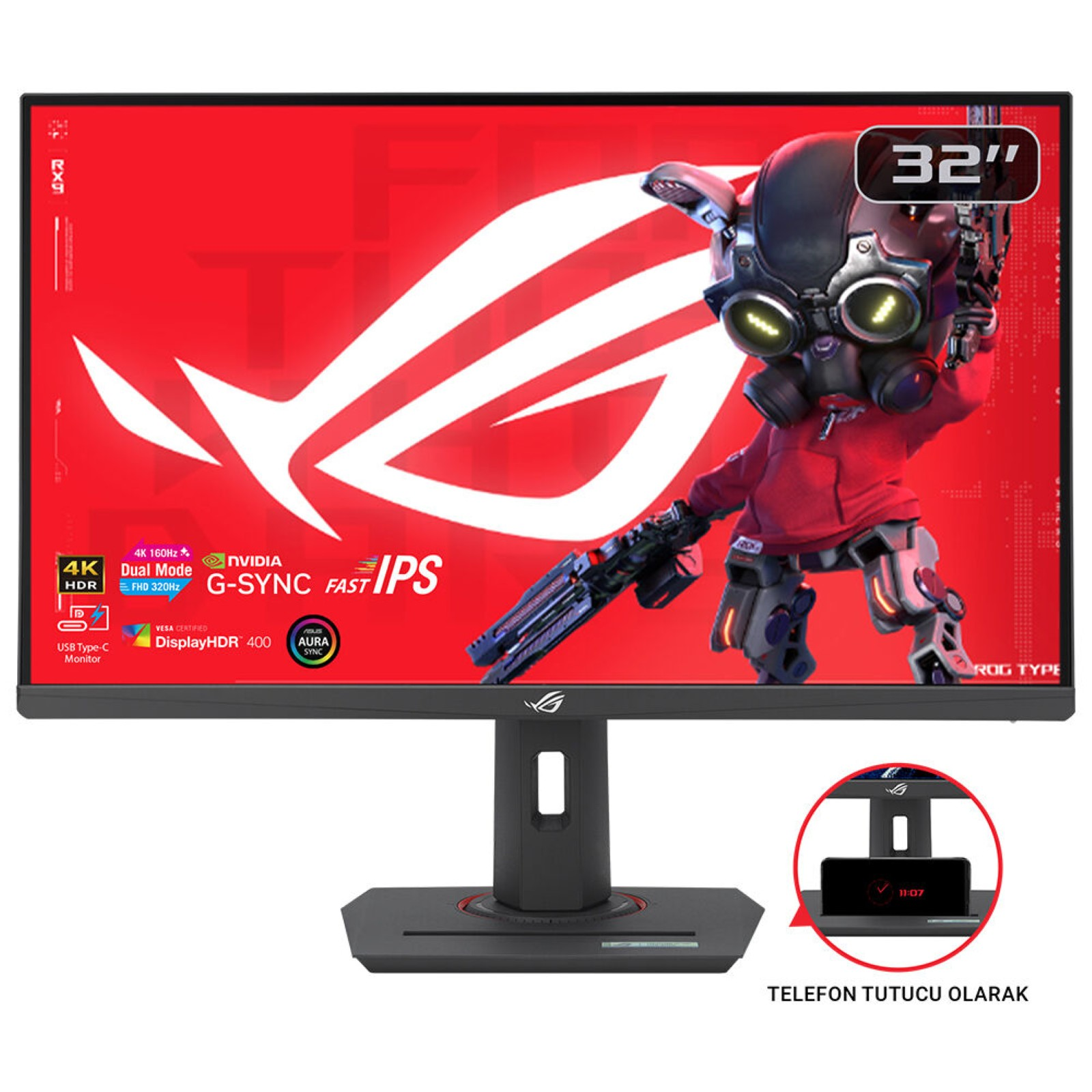 32-calowy monitor gamingowy z czerwoną grafiką tła i stylizowanym robotem.